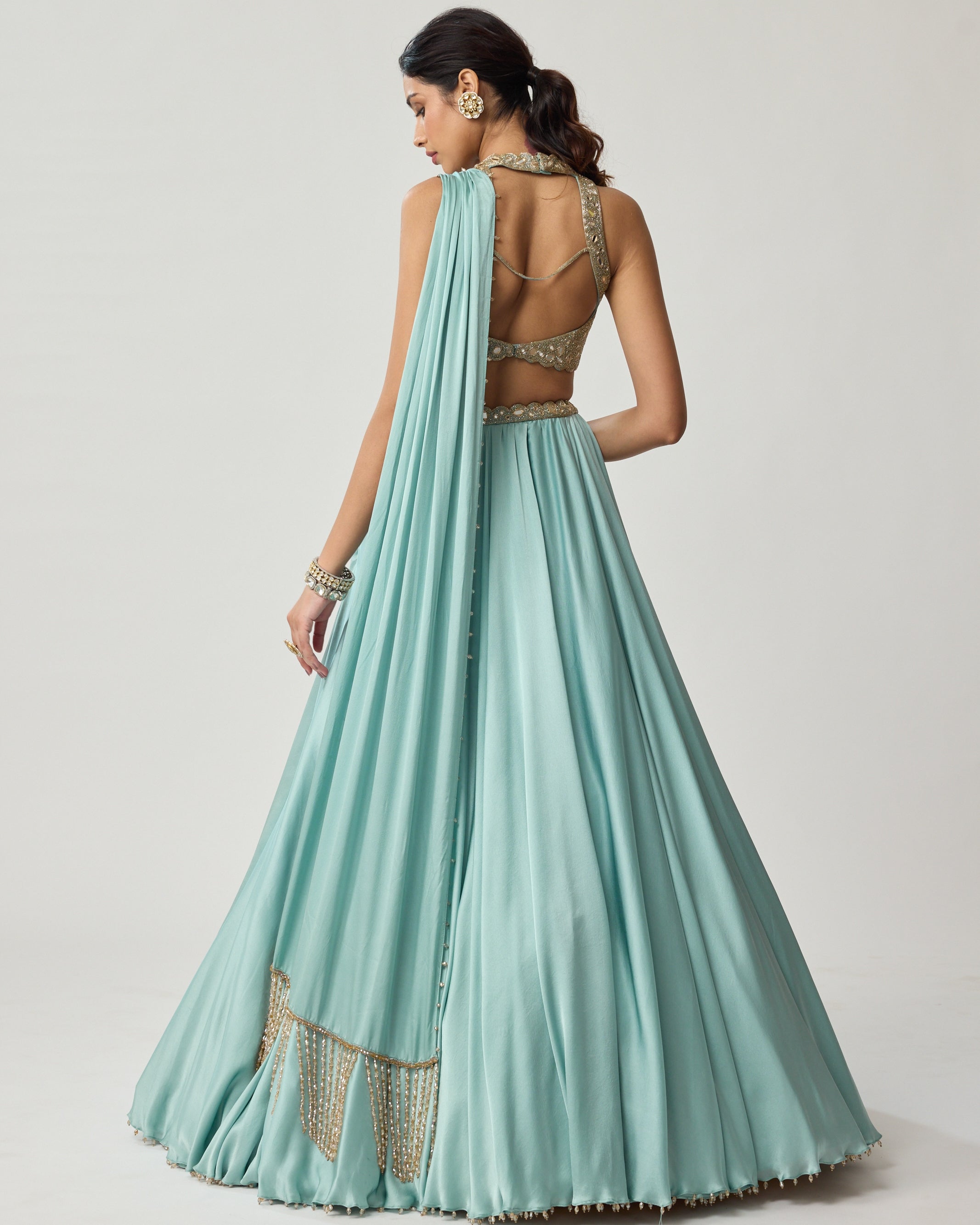 Powder Grey Mirror Satin Sari Set