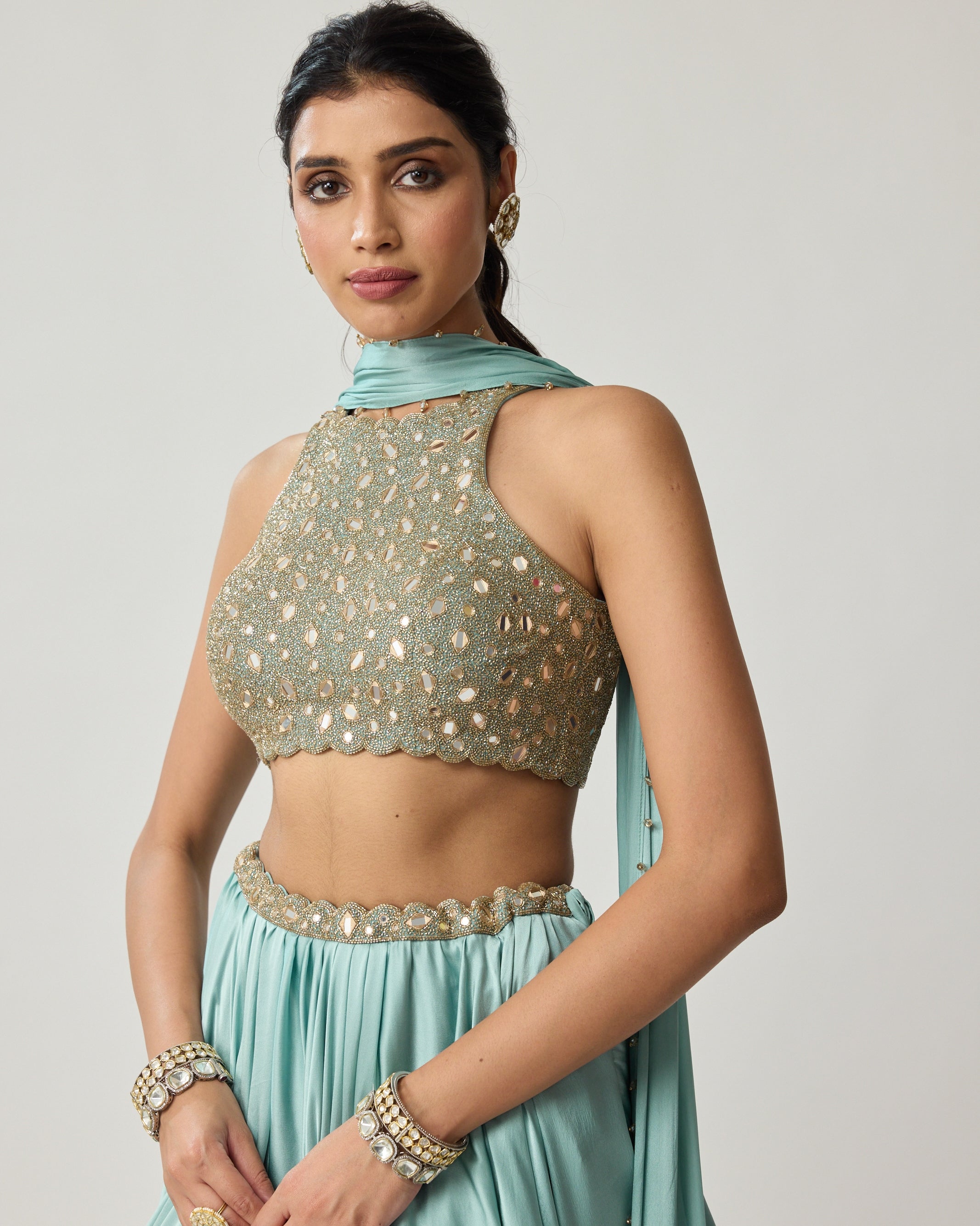 Powder Grey Mirror Satin Sari Set