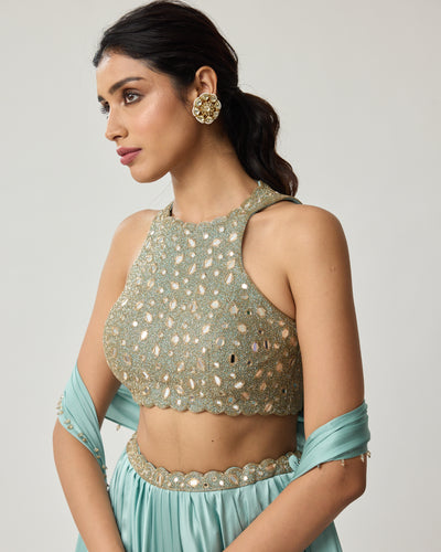 Powder Grey Mirror Satin Sari Set