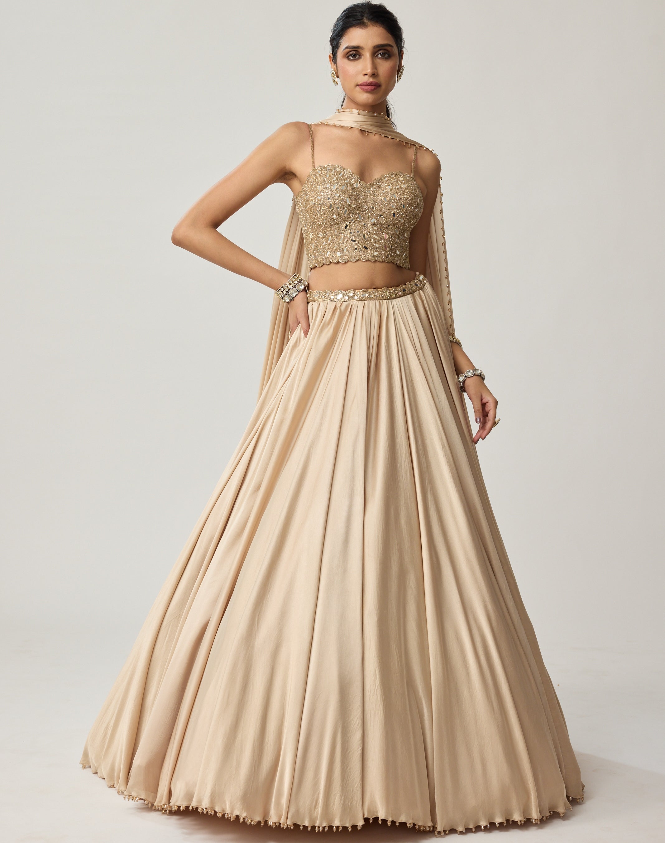 Powder Blue Mirror Satin Draped Skirt Set