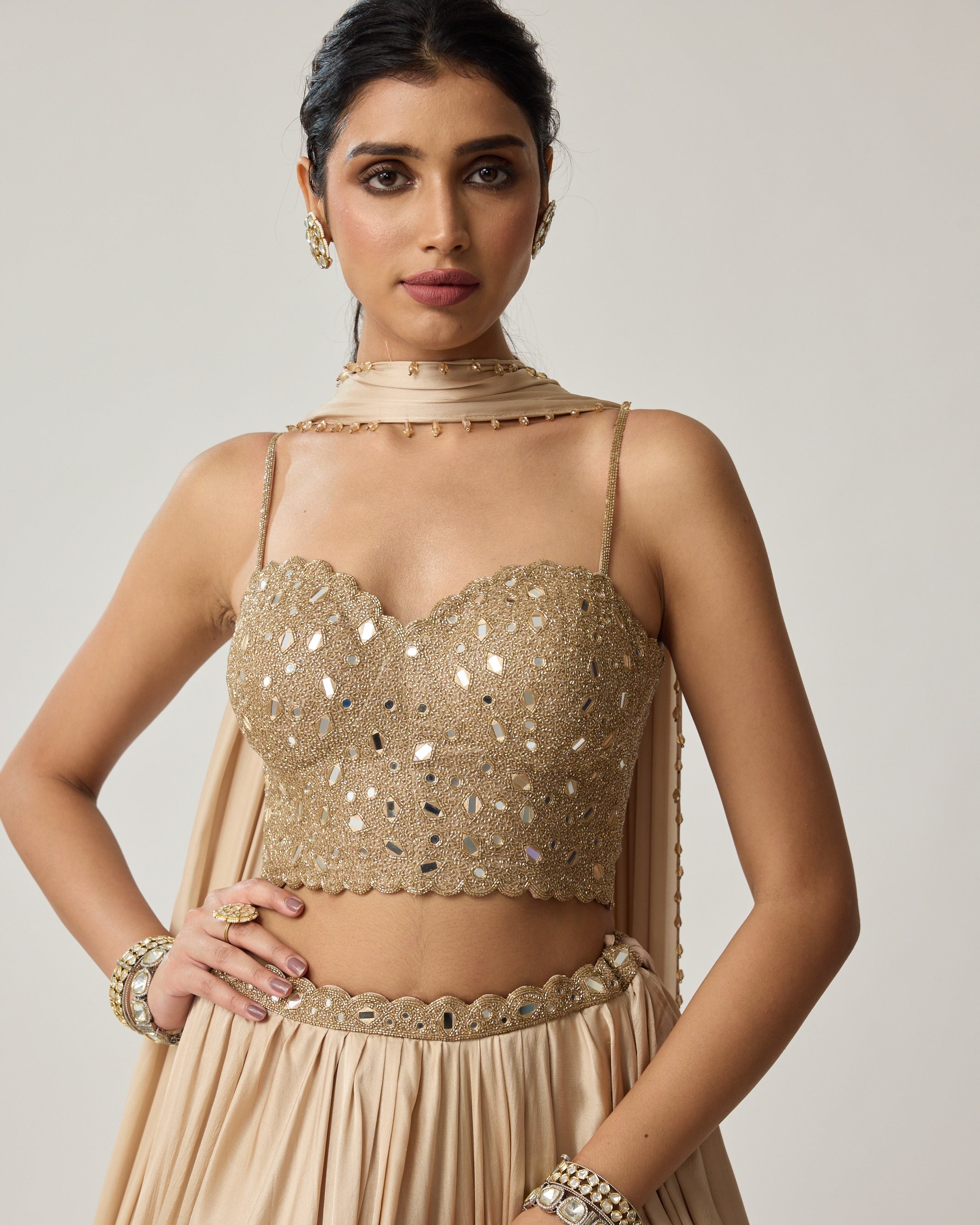 Powder Blue Mirror Satin Draped Skirt Set