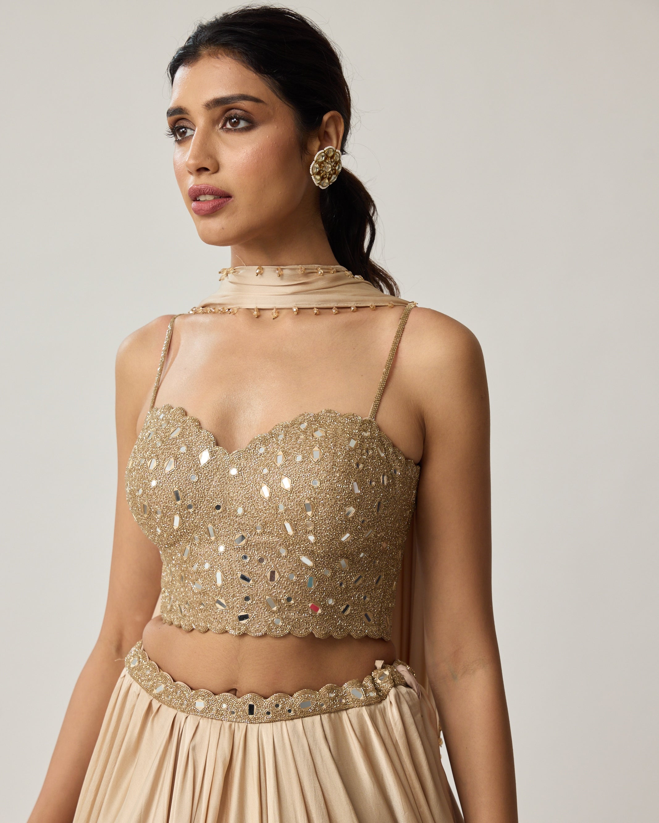 Powder Blue Mirror Satin Draped Skirt Set