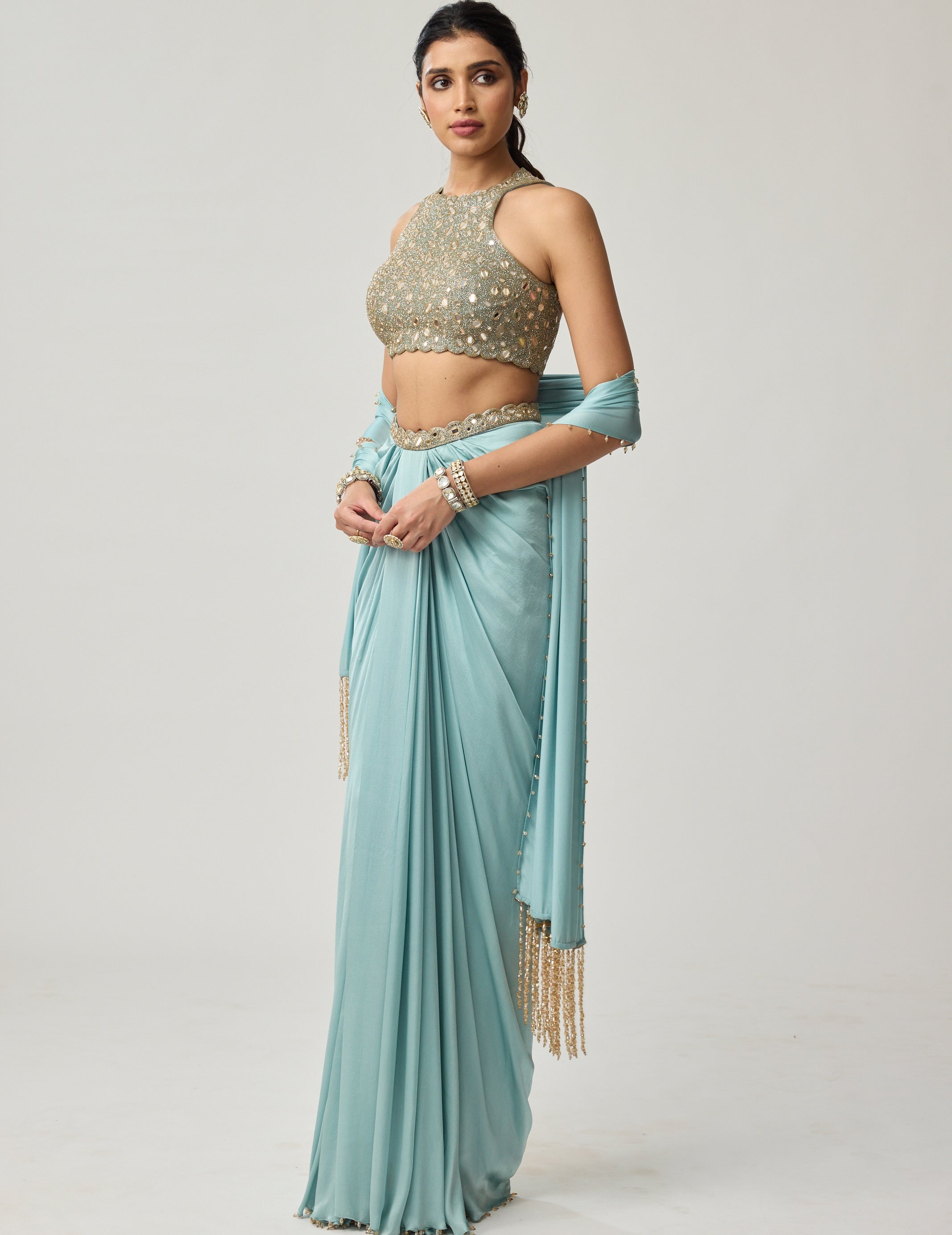 Powder Blue Mirror Satin Sari Set