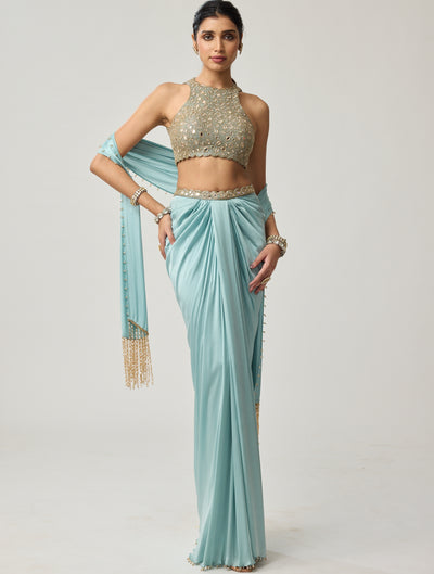 Powder Blue Mirror Satin Sari Set