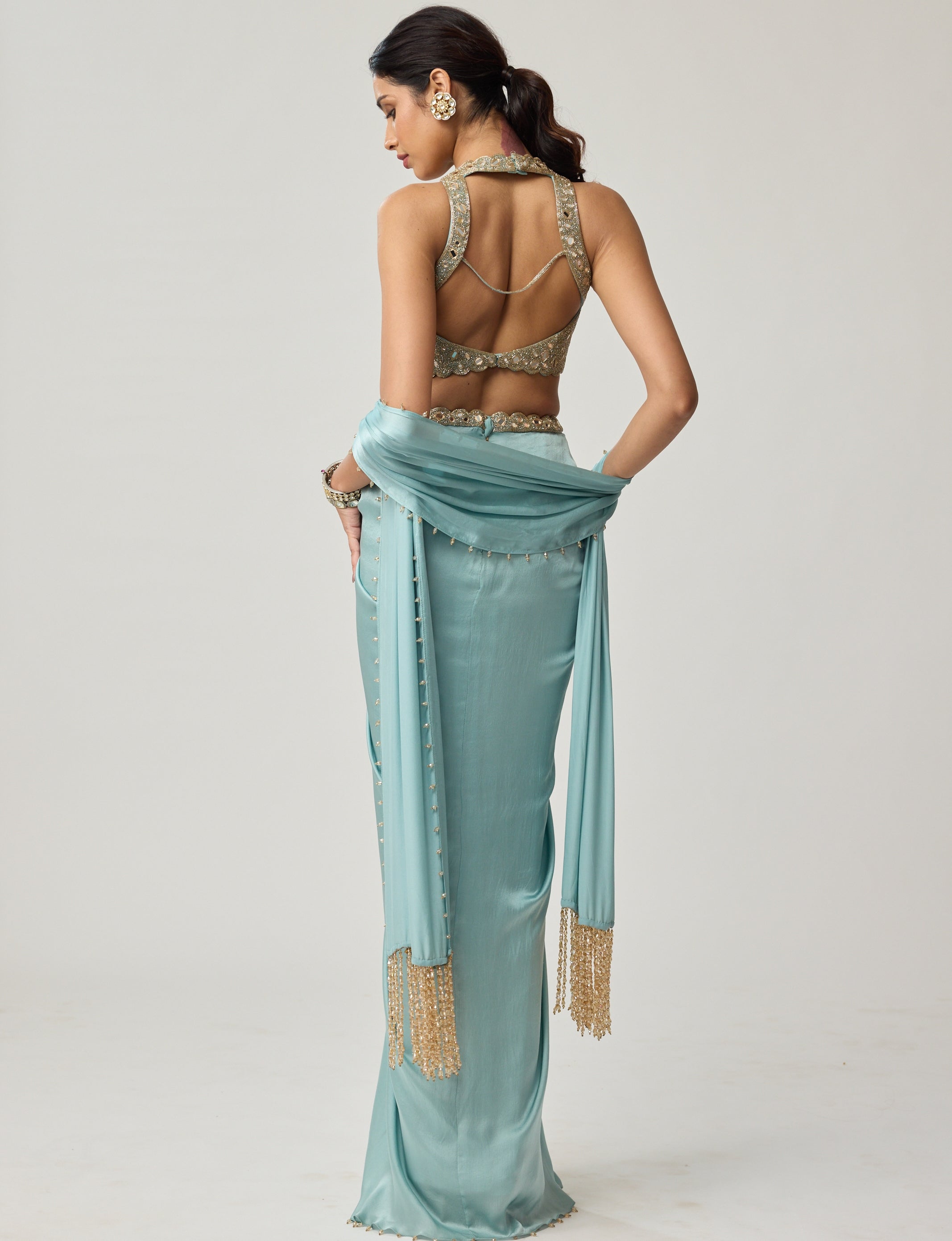 Powder Blue Mirror Satin Sari Set