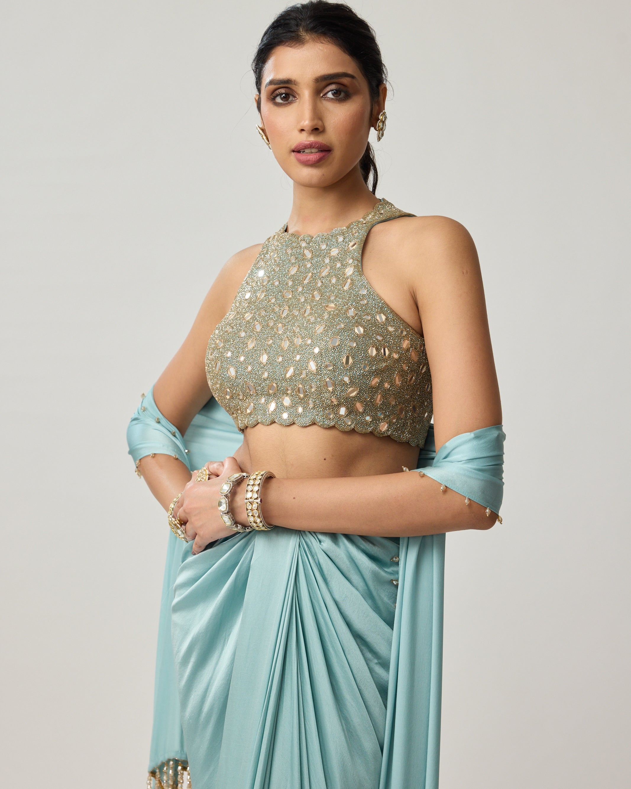 Powder Blue Mirror Satin Sari Set