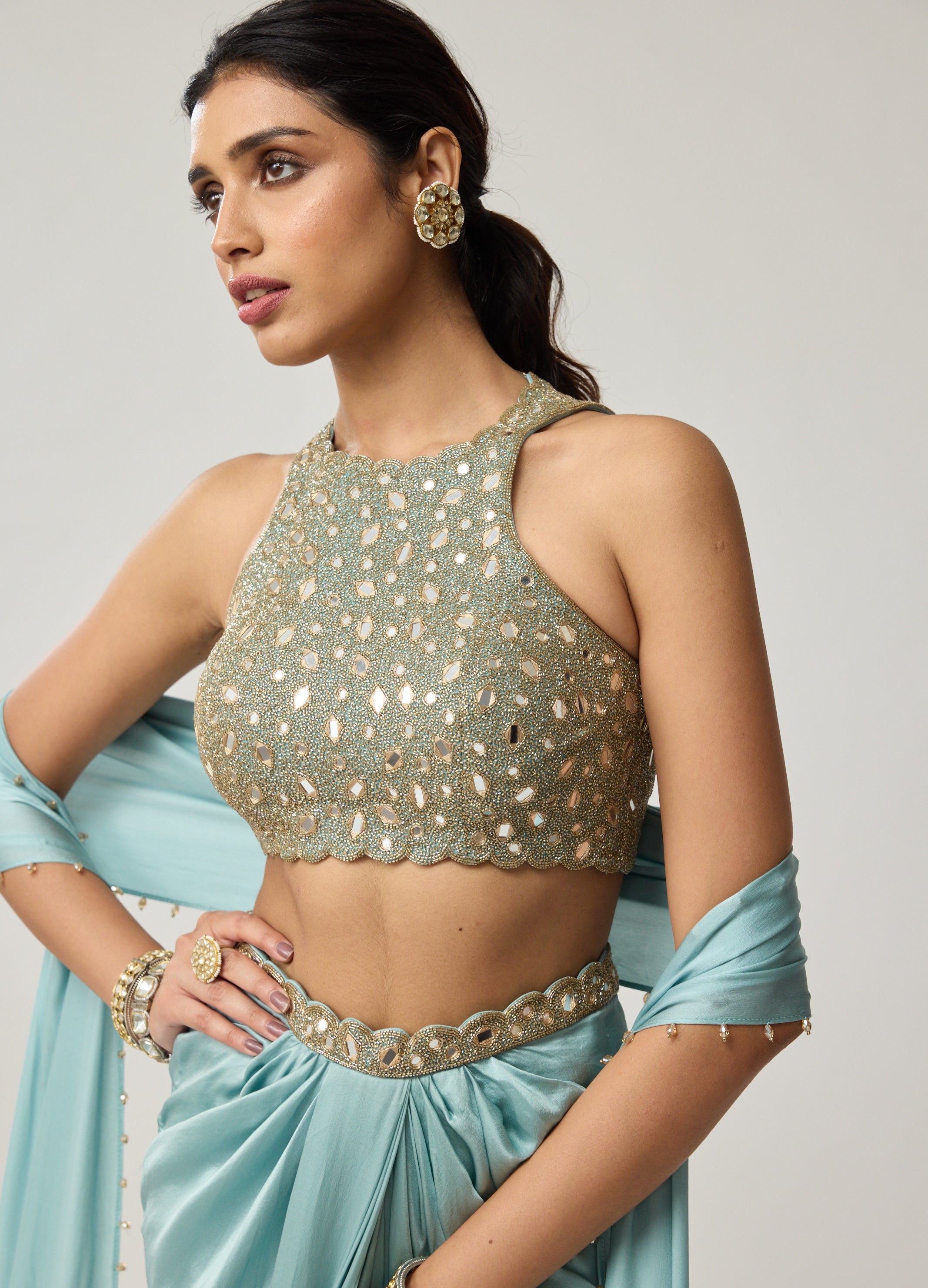 Powder Blue Mirror Satin Sari Set