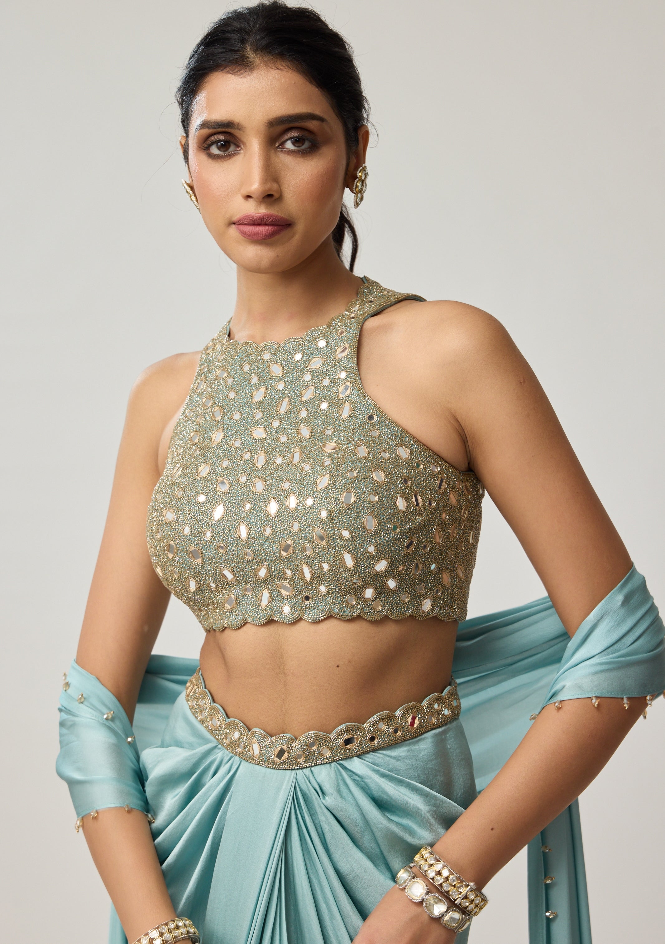 Powder Blue Mirror Satin Sari Set