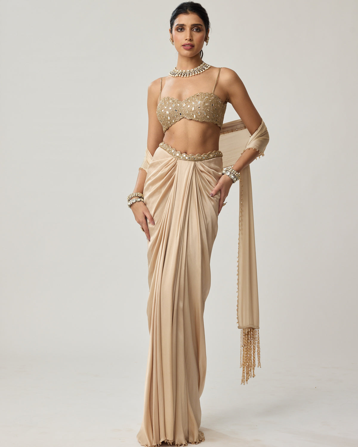 Light Beige Mirror Satin Draped Skirt Set