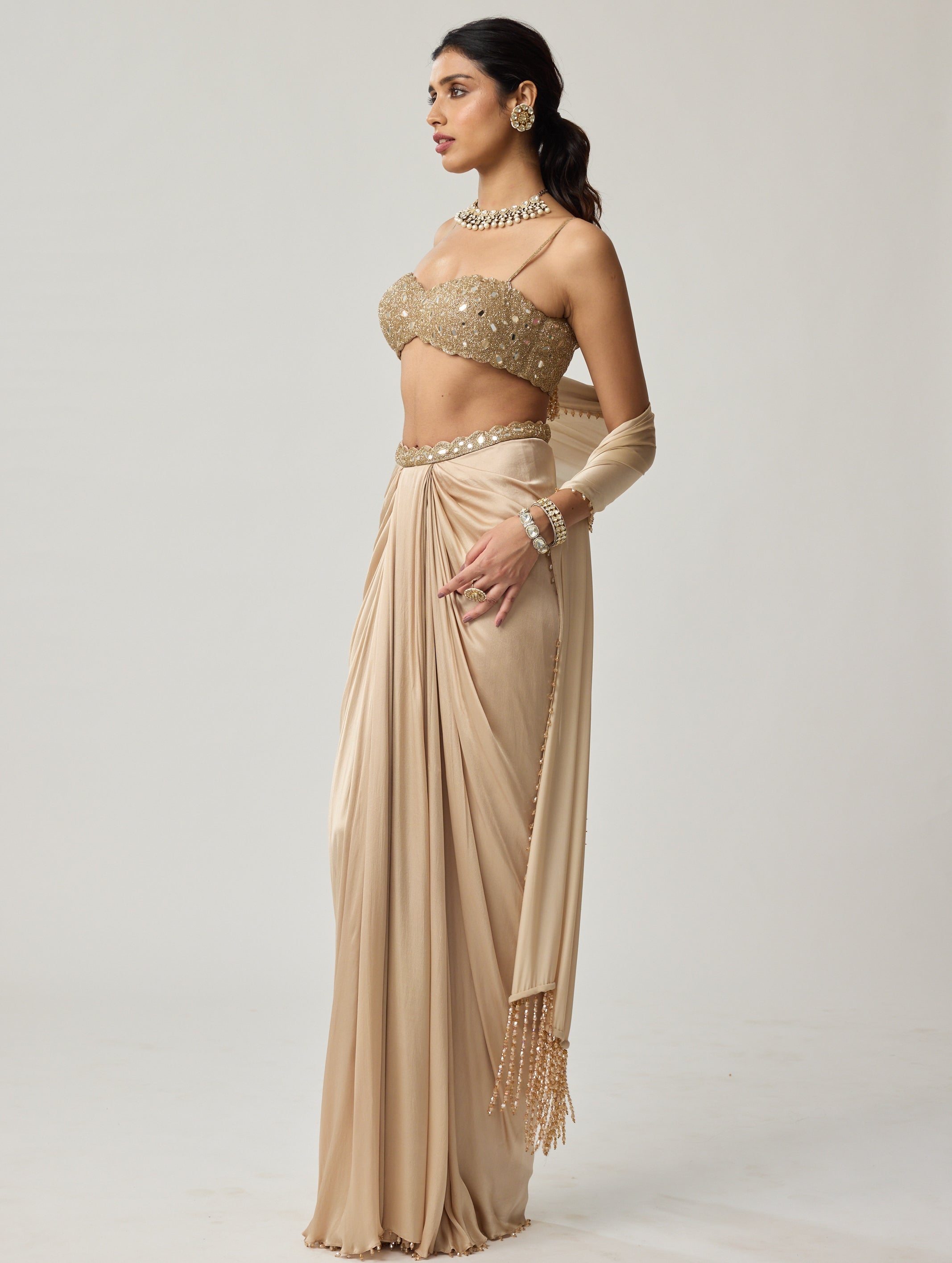 Light Beige Mirror Satin Draped Skirt Set