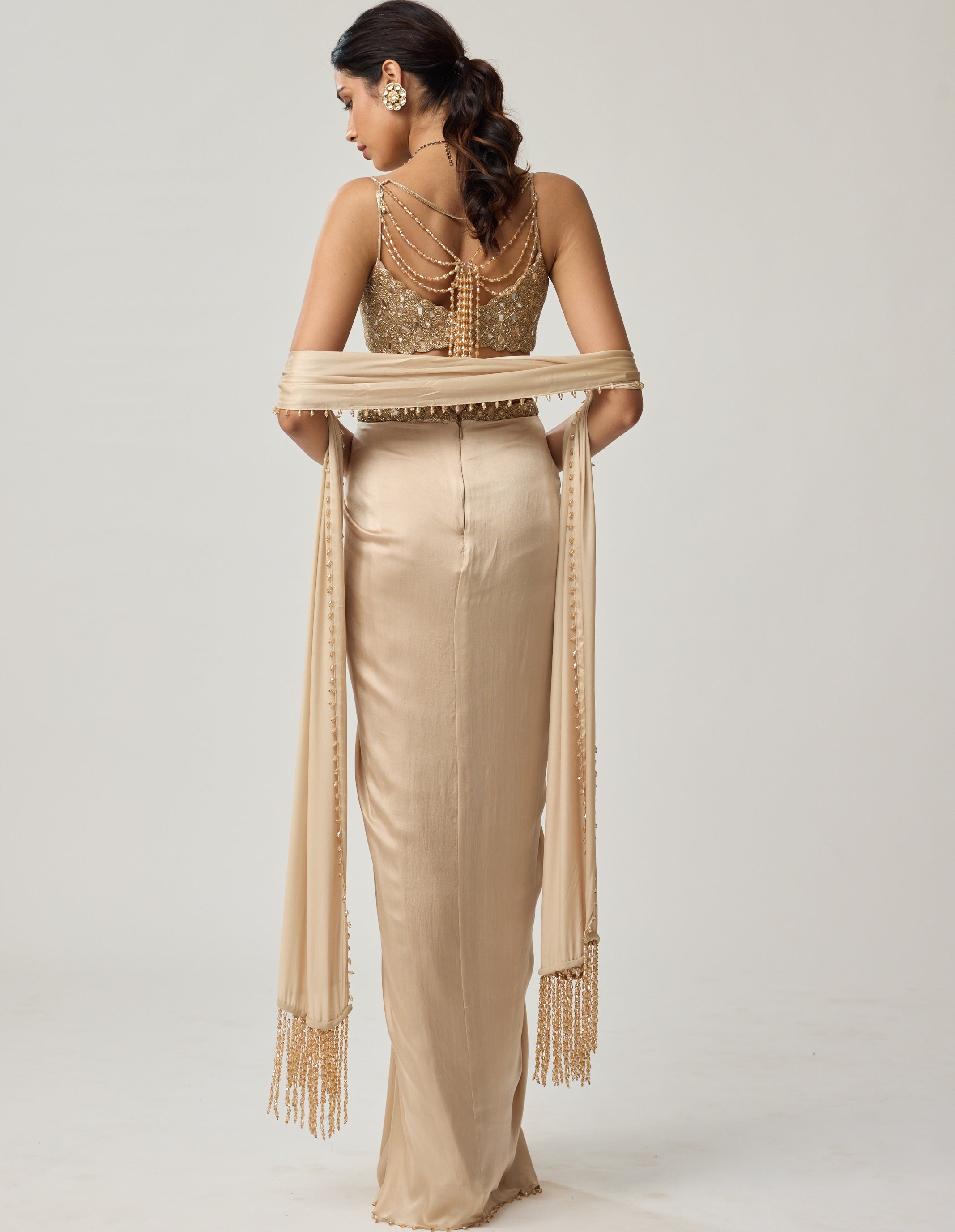 Light Beige Mirror Satin Draped Skirt Set