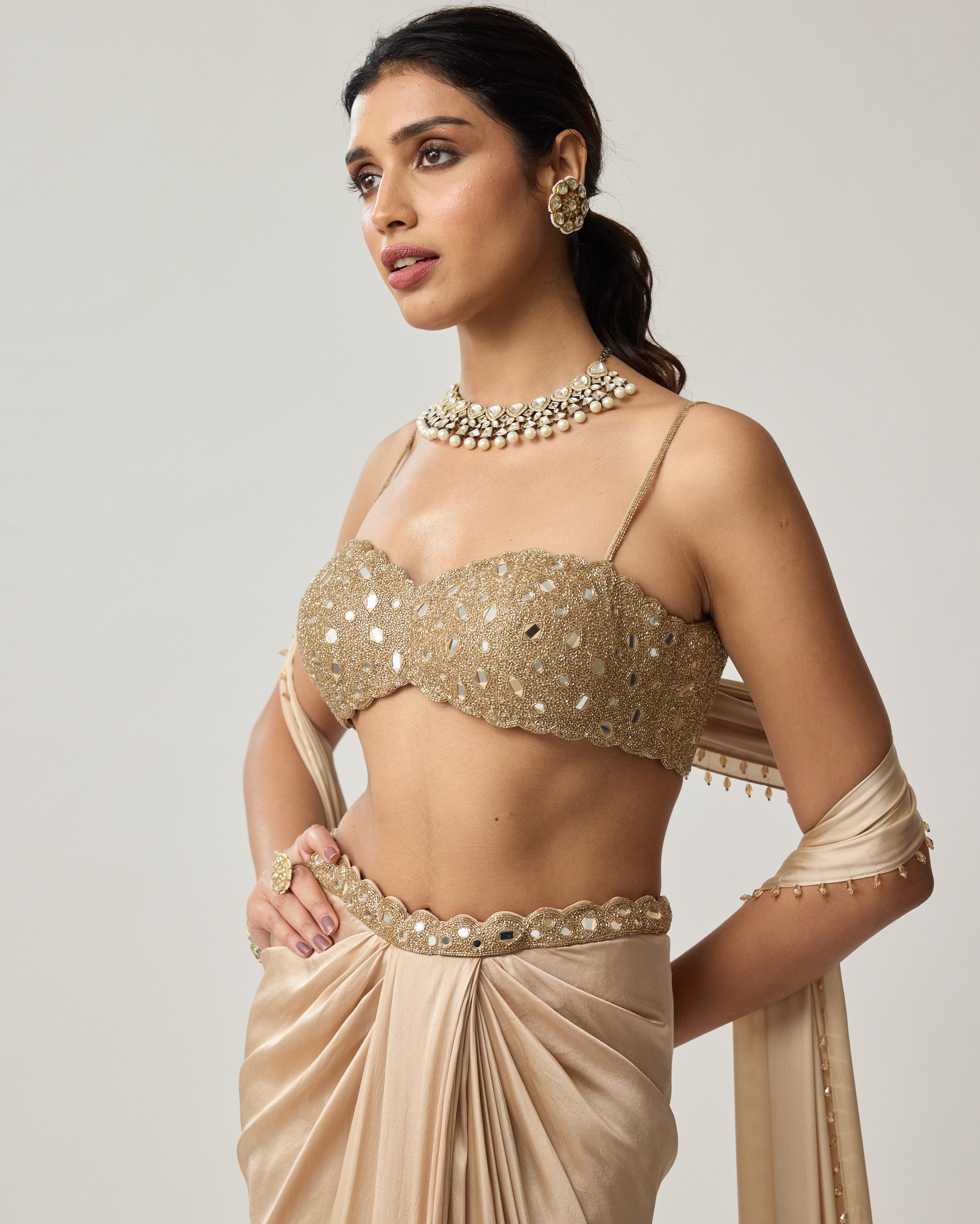 Light Beige Mirror Satin Draped Skirt Set