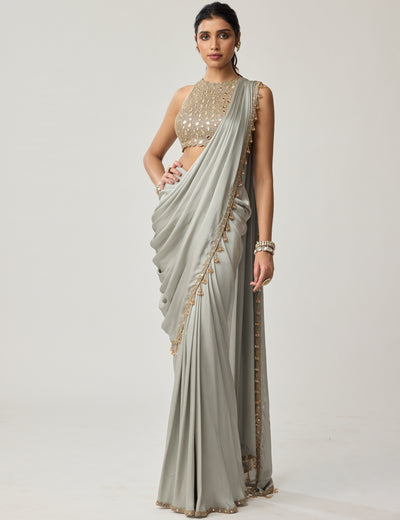 Persian Blue Fitted Linear Mirror Sari Set