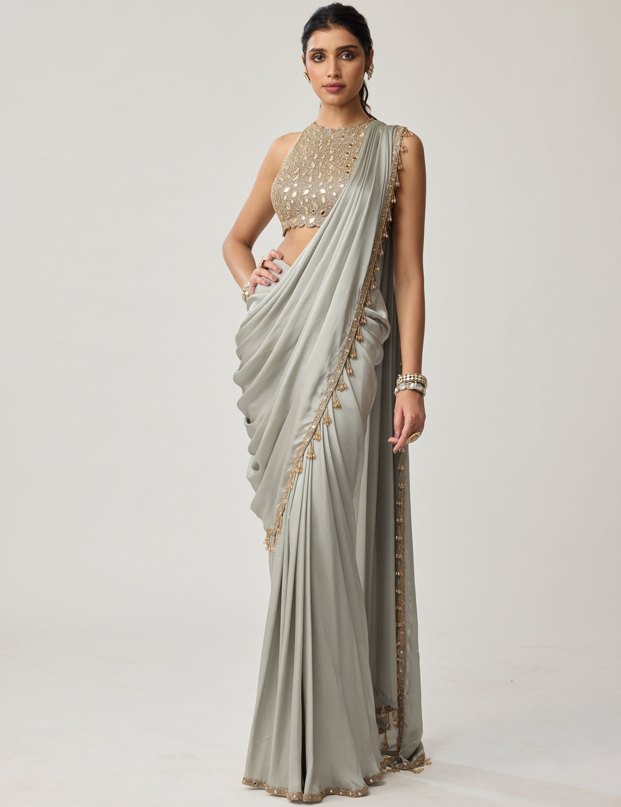 Persian Blue Fitted Linear Mirror Sari Set