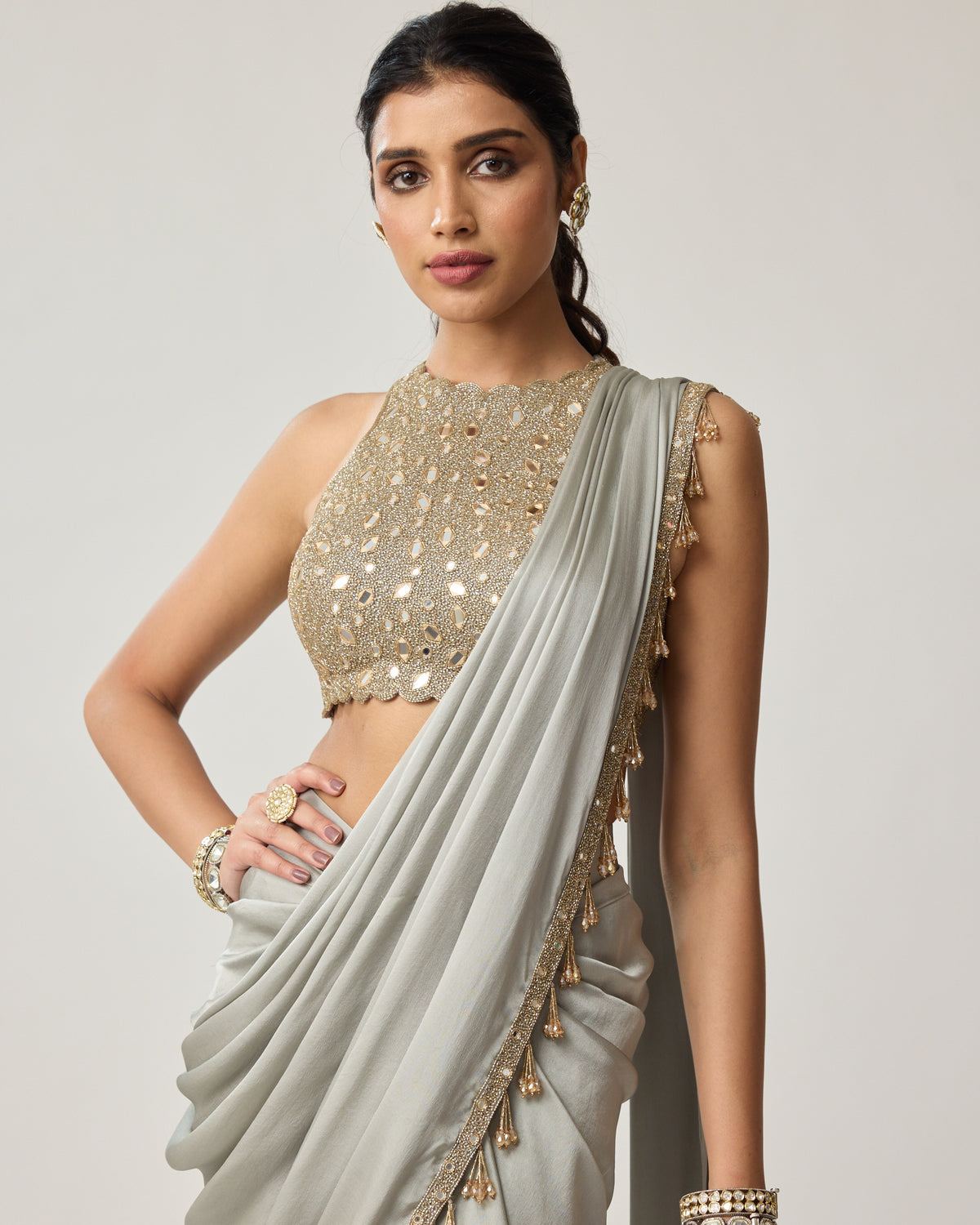 Persian Blue Fitted Linear Mirror Sari Set