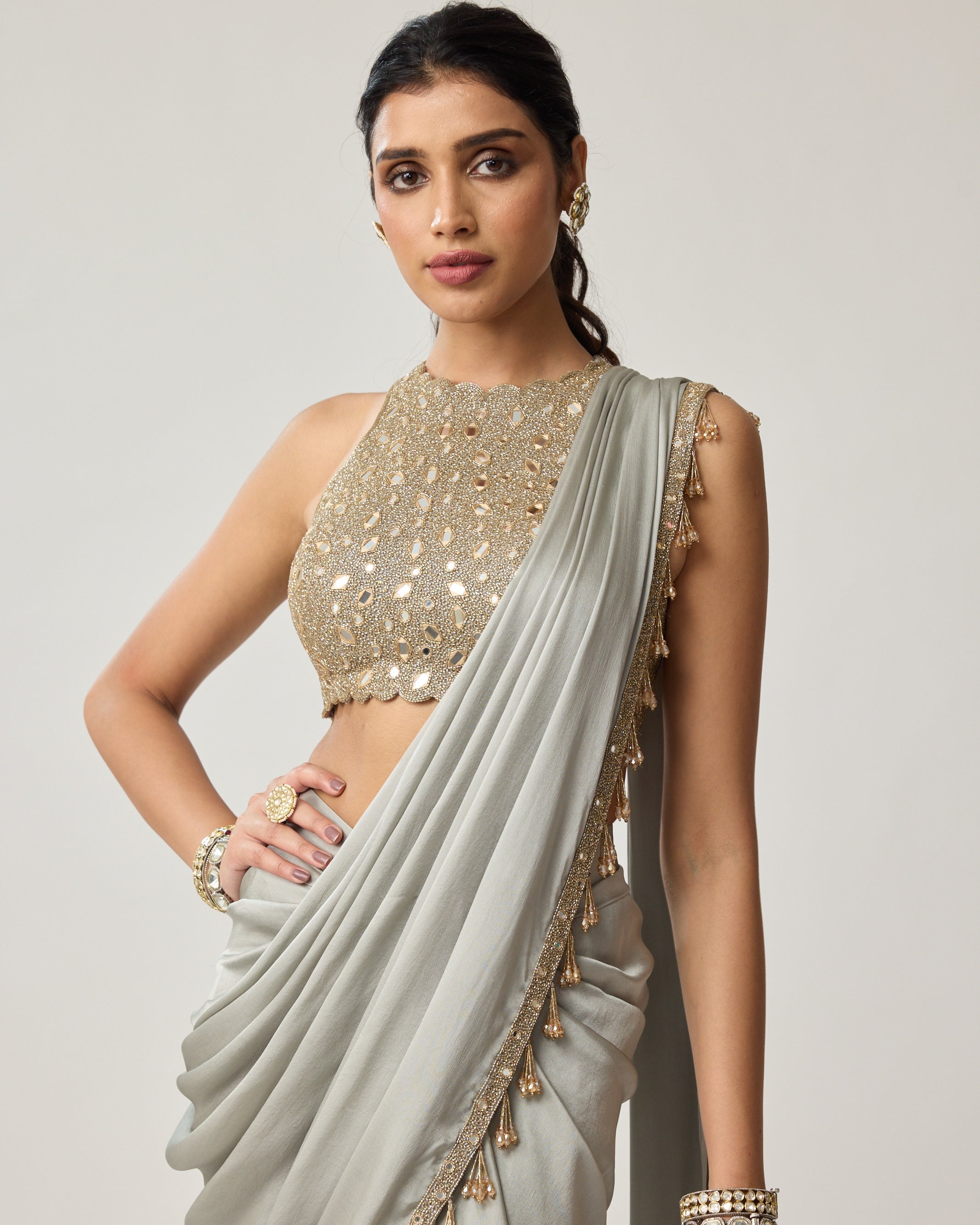 Persian Blue Fitted Linear Mirror Sari Set