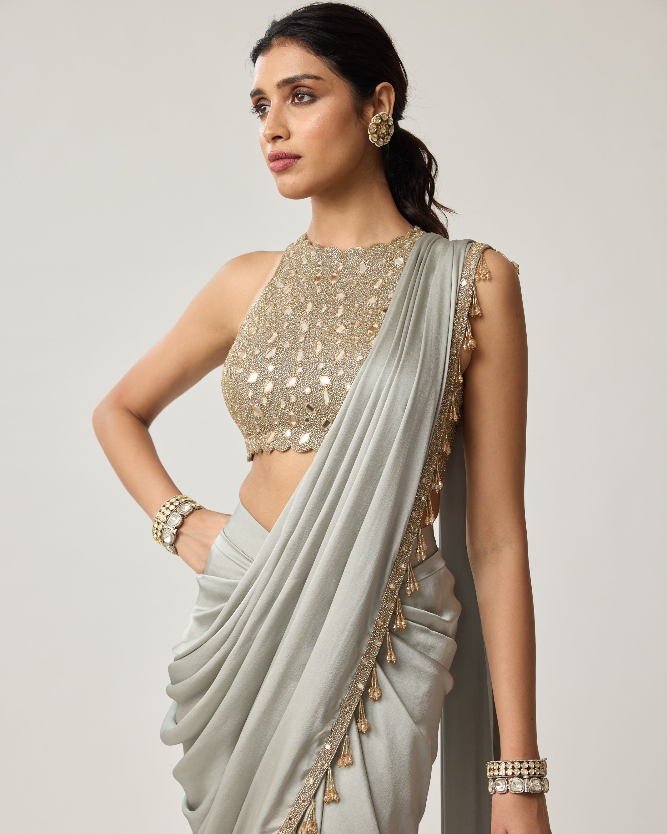 Persian Blue Fitted Linear Mirror Sari Set