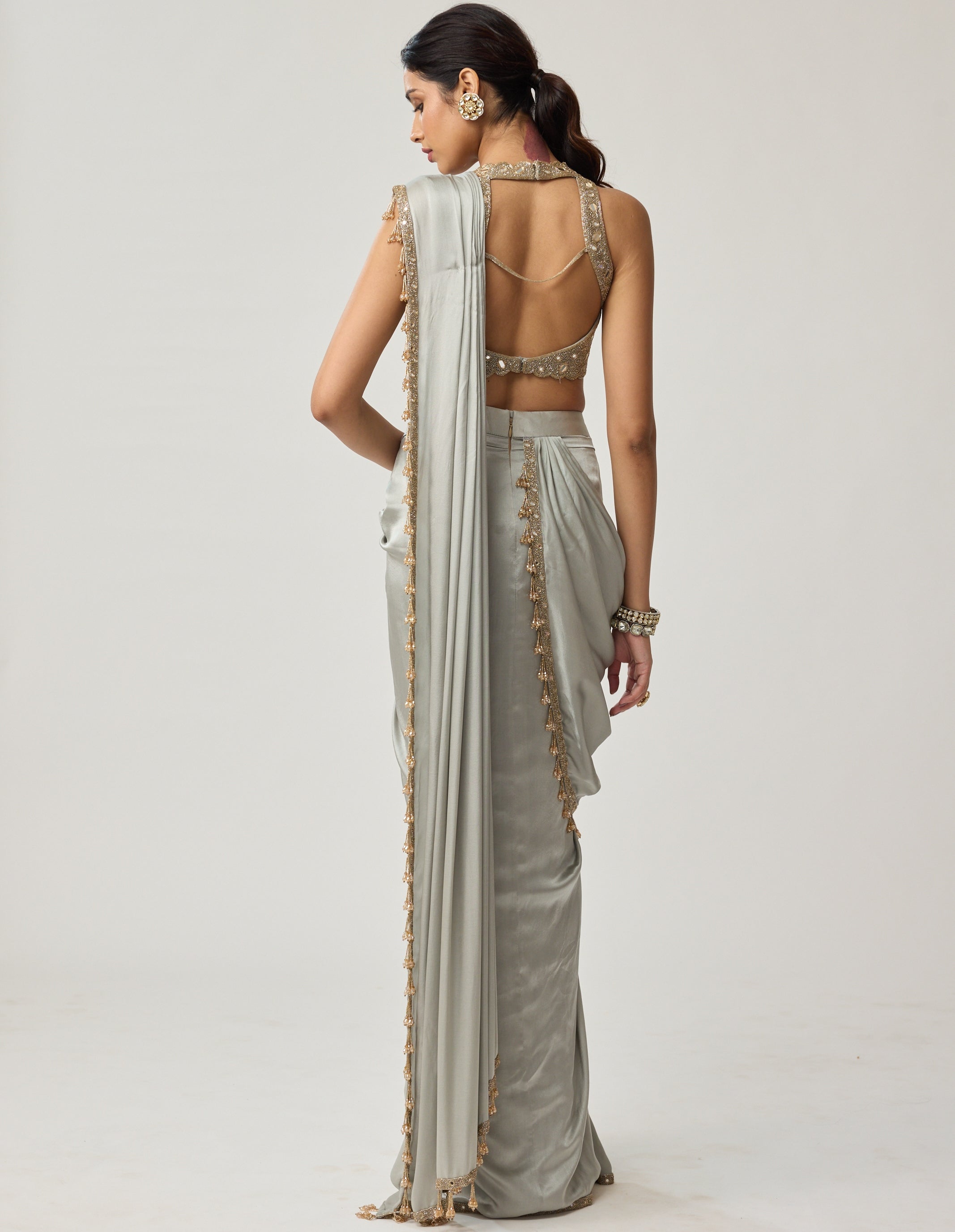 Persian Blue Fitted Linear Mirror Sari Set