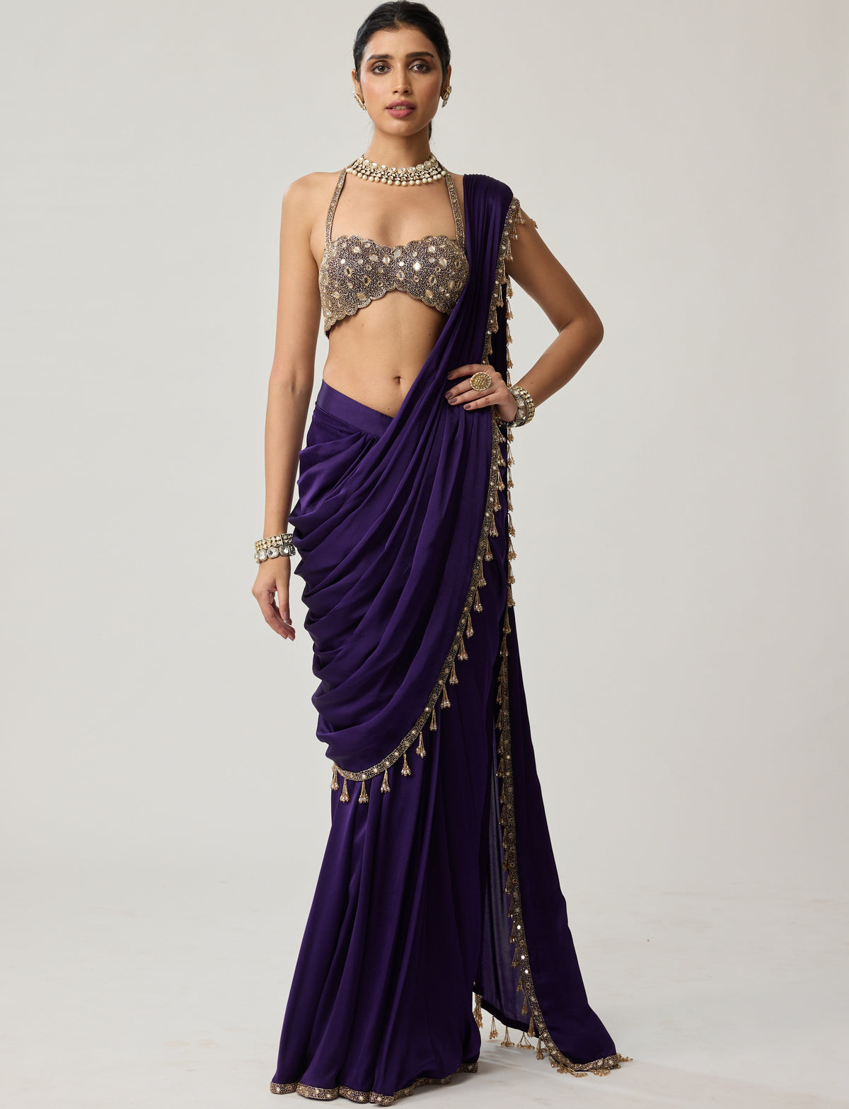 Royalty Purple Mirror Draped Sari Set