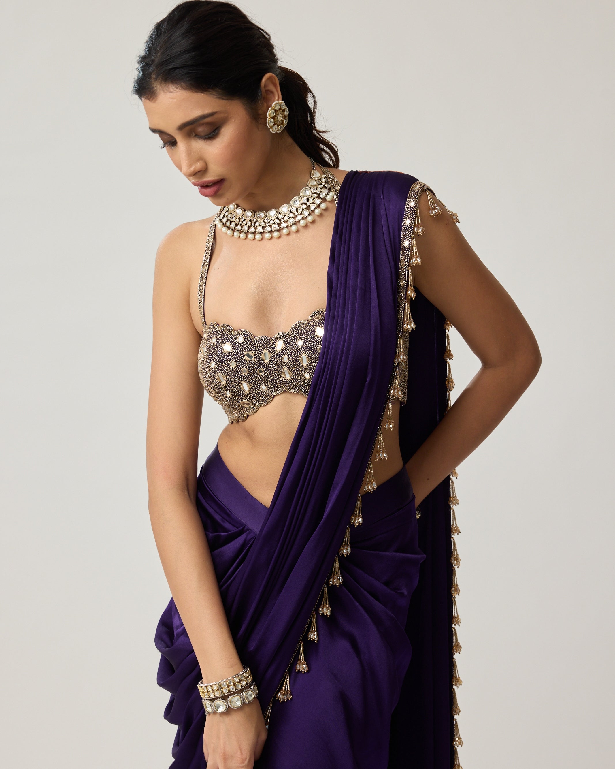 Royalty Purple Mirror Draped Sari Set