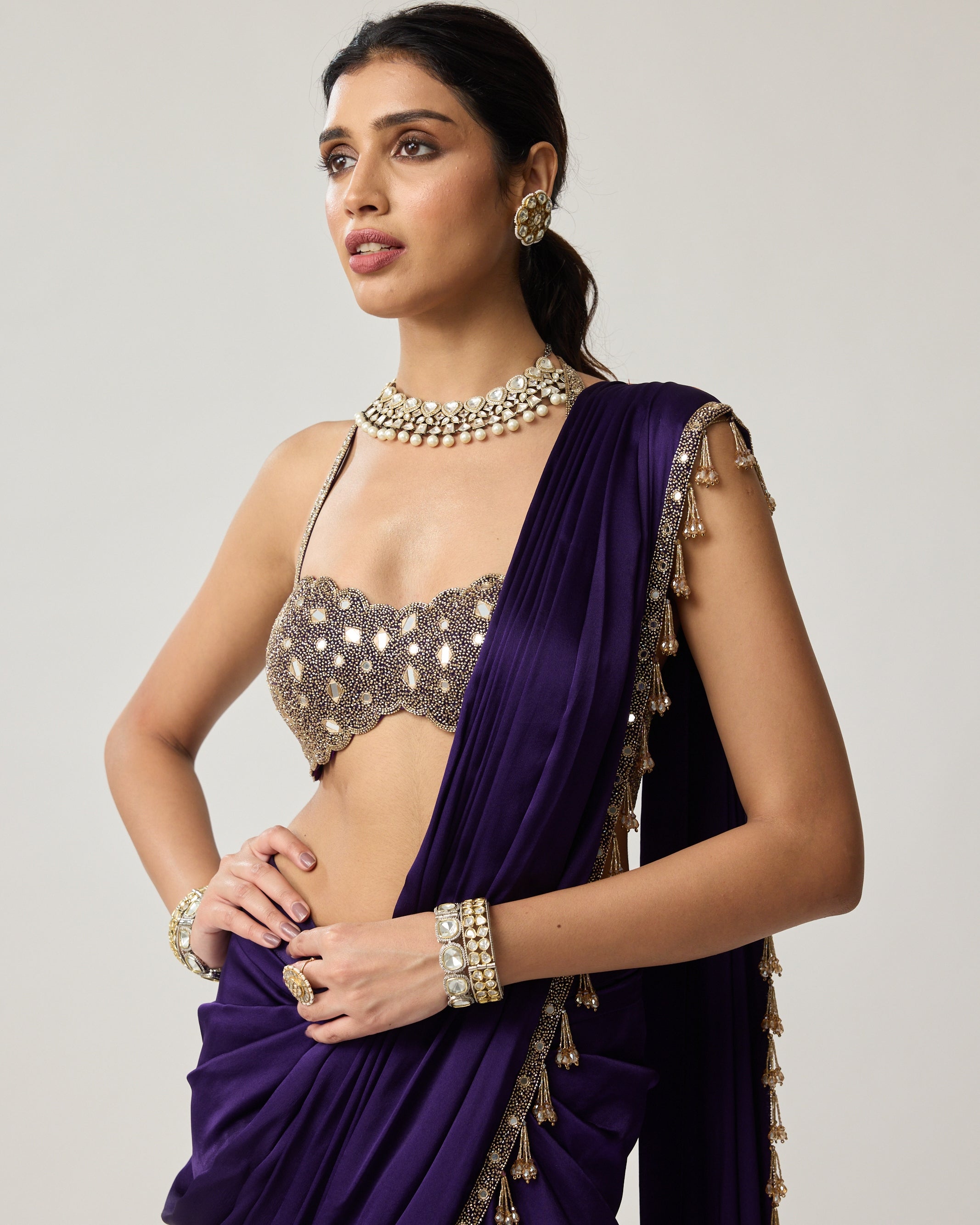 Royalty Purple Mirror Draped Sari Set