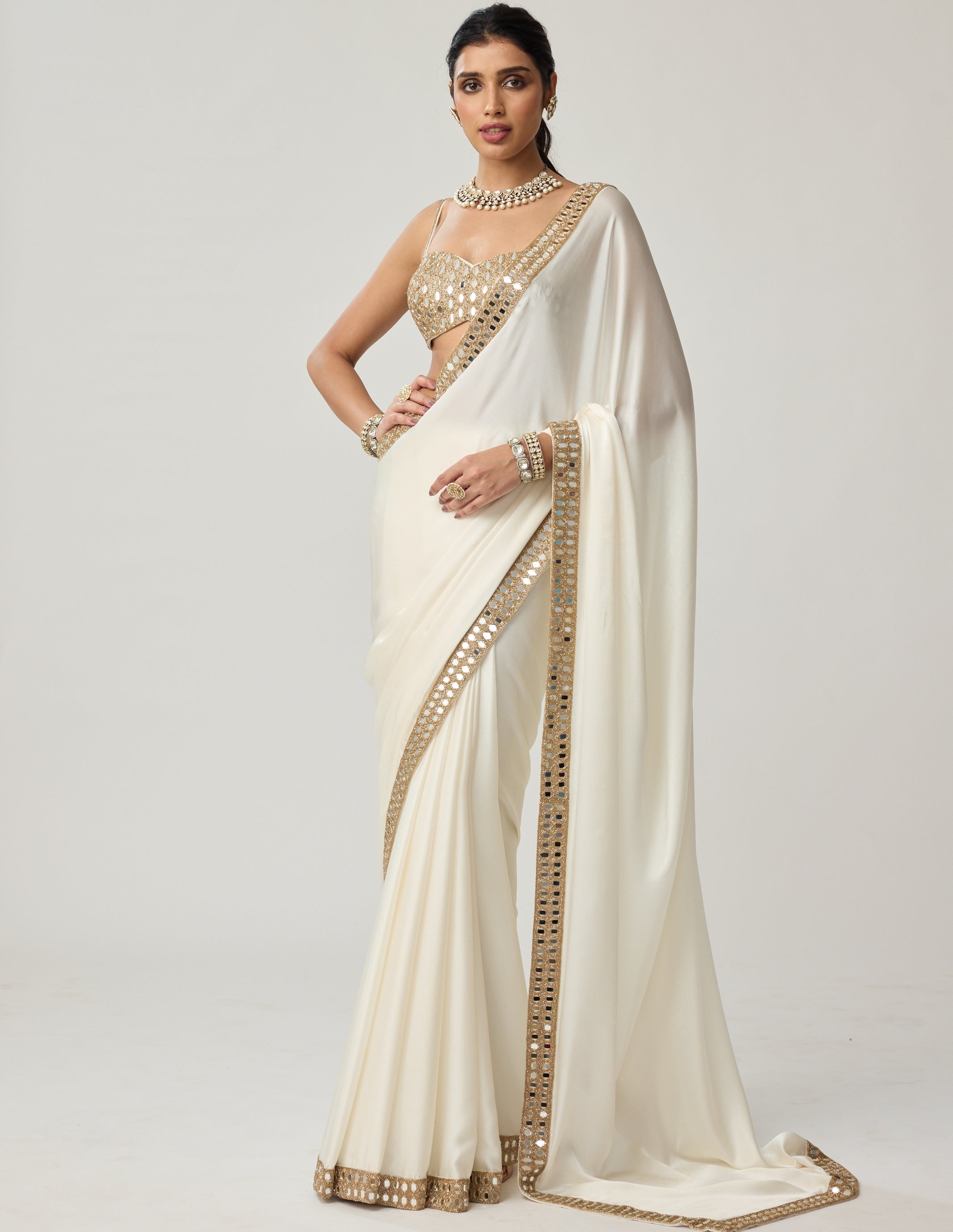 Off White Mirror Satin Sari Set