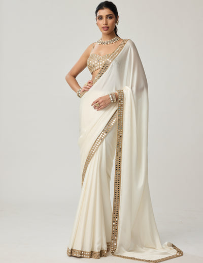 Off White Mirror Satin Sari Set