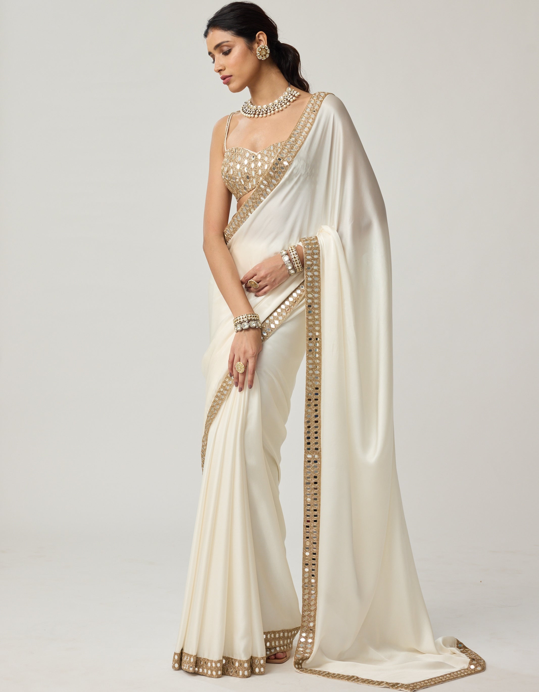 Off White Mirror Satin Sari Set