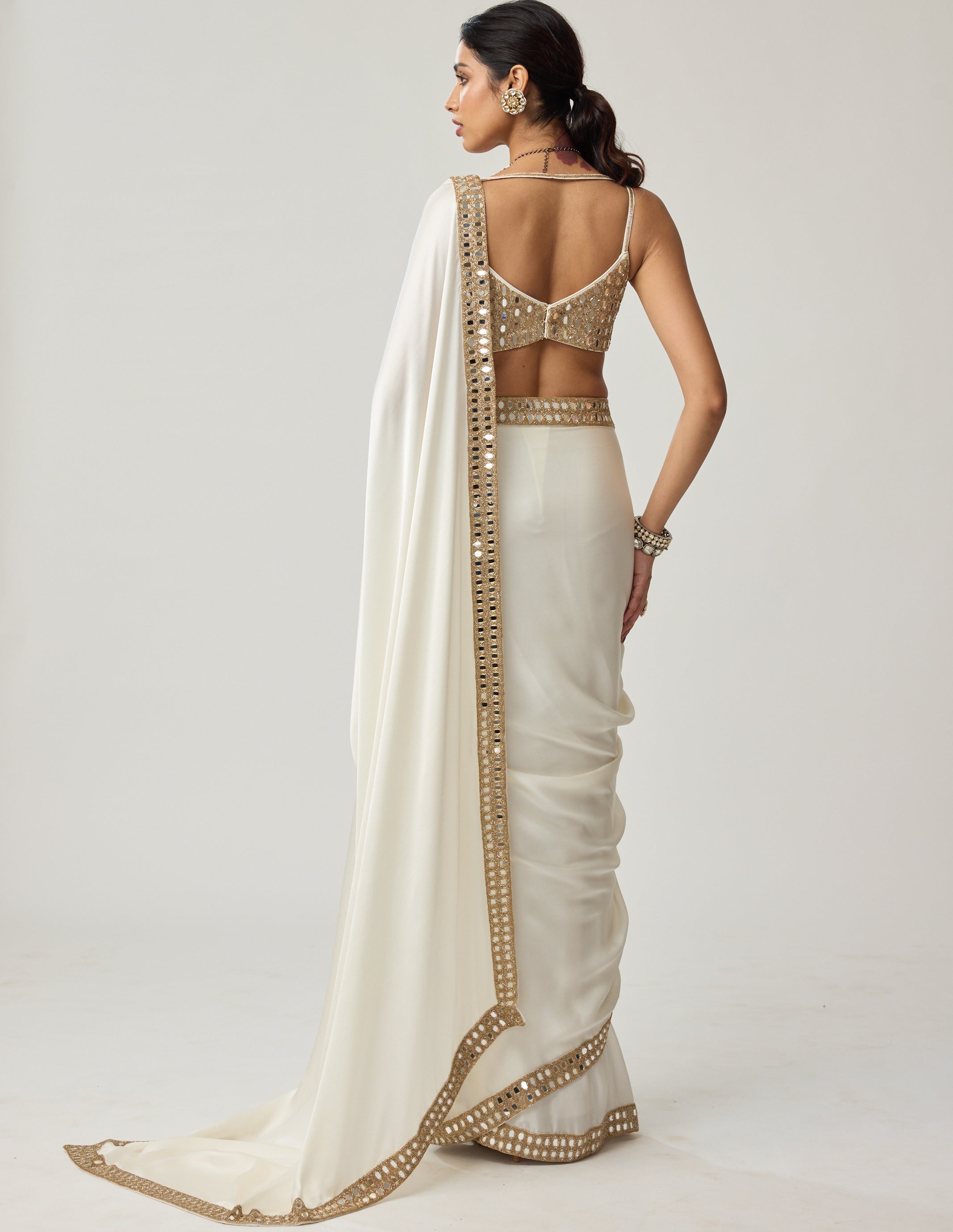 Off White Mirror Satin Sari Set