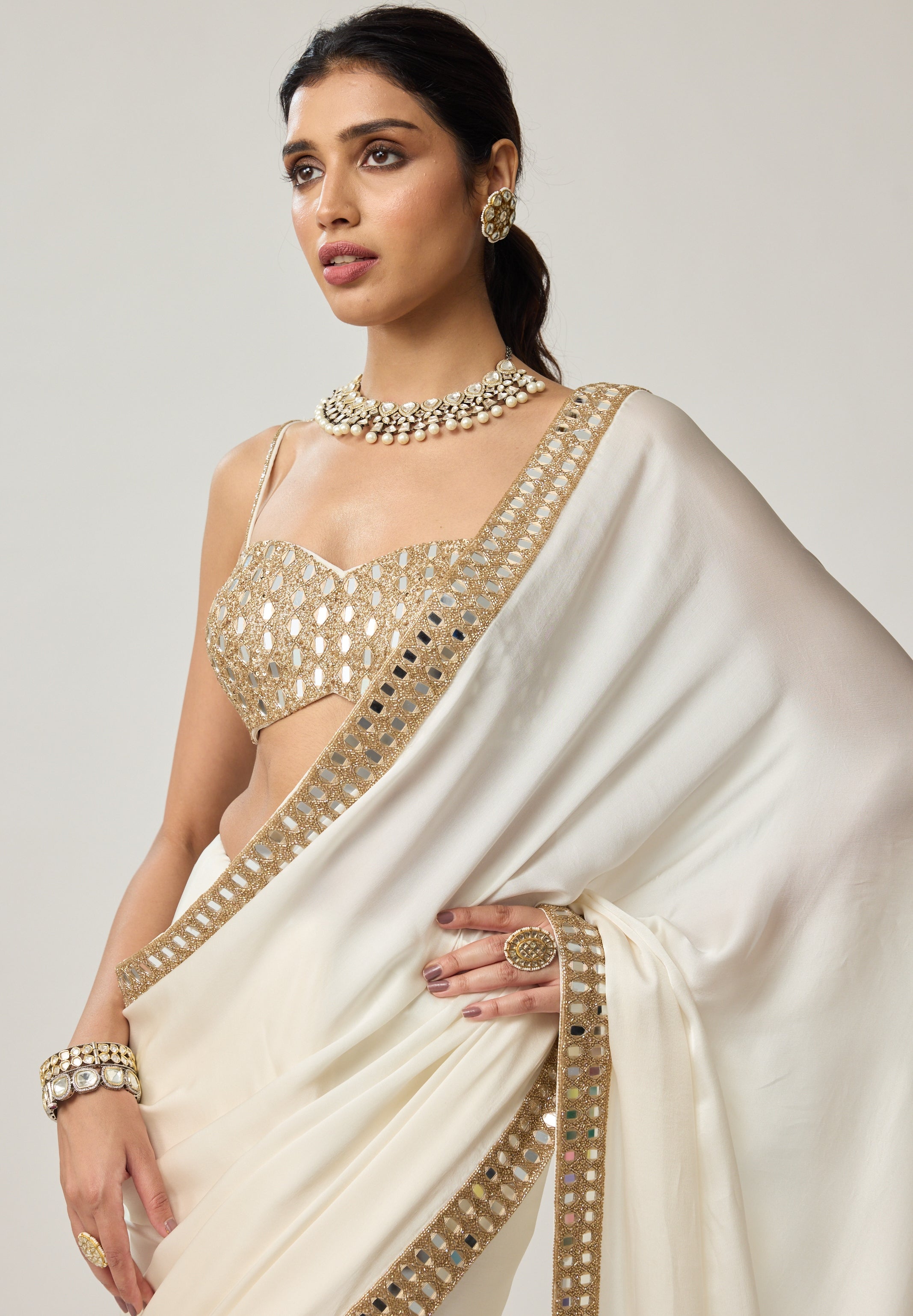 Off White Mirror Satin Sari Set