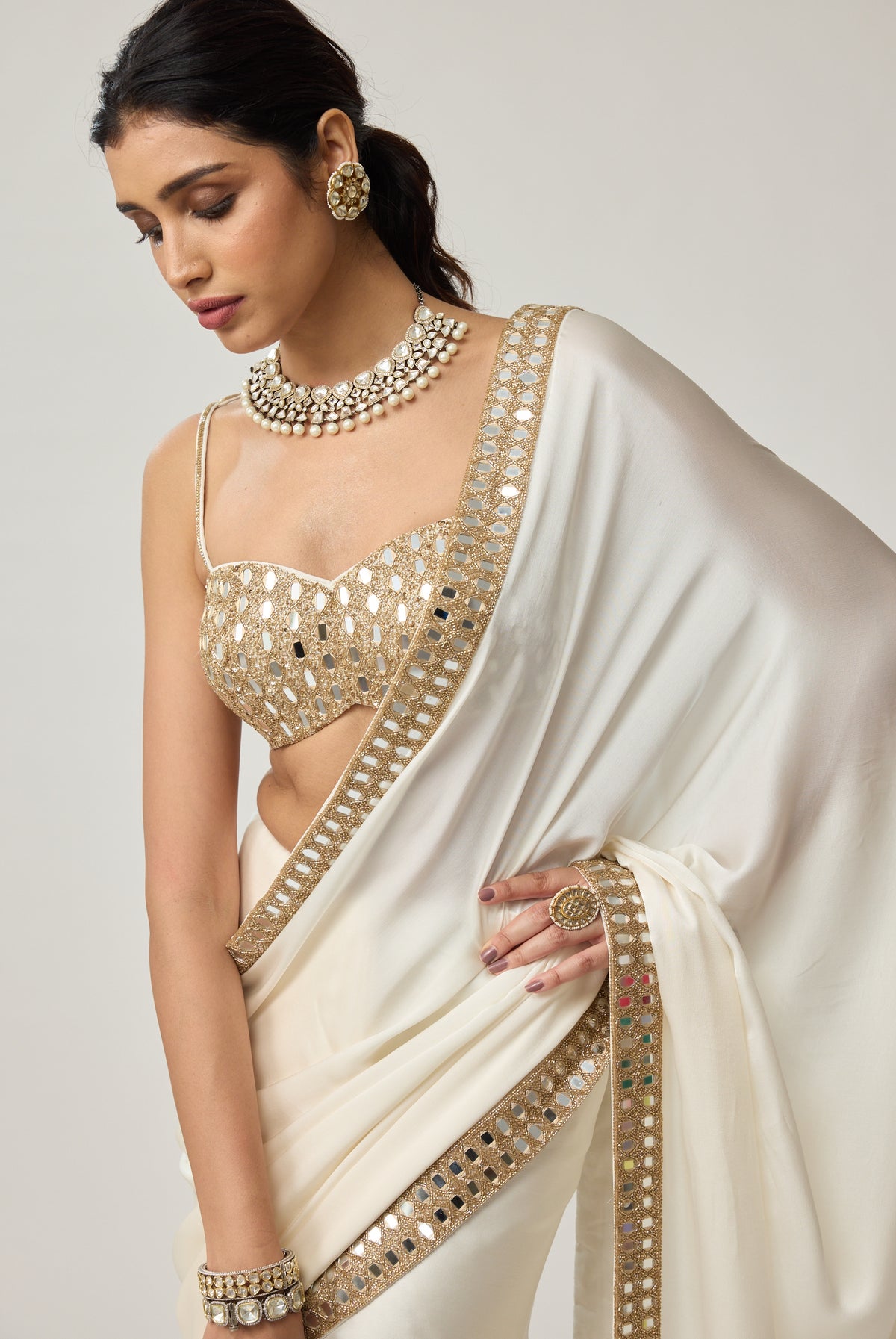 Off White Mirror Satin Sari Set