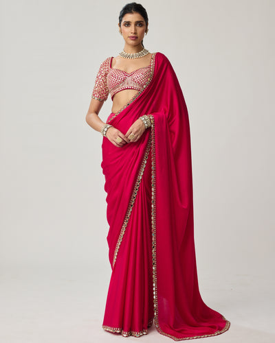 Crimson Red Gota Mirror Satin Sari Set