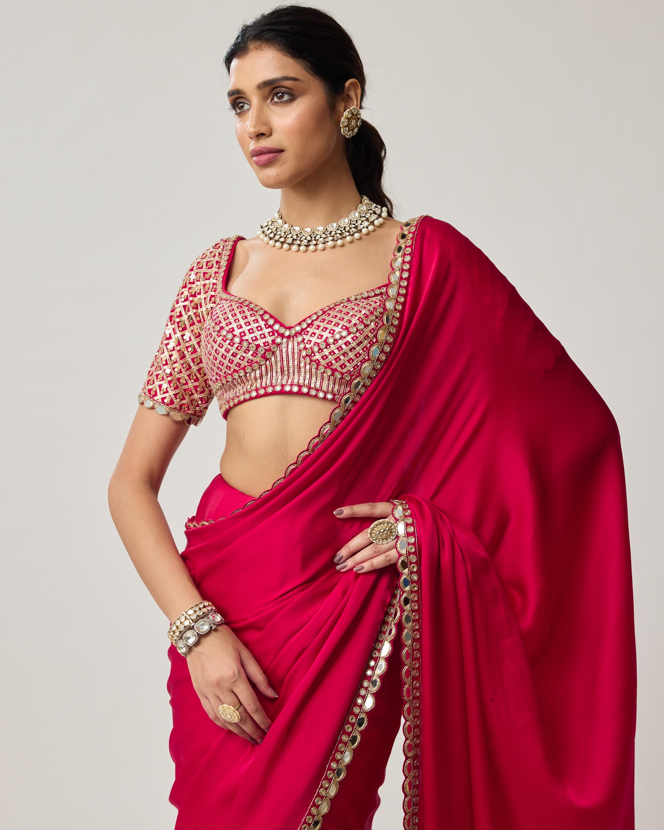 Crimson Red Gota Mirror Satin Sari Set