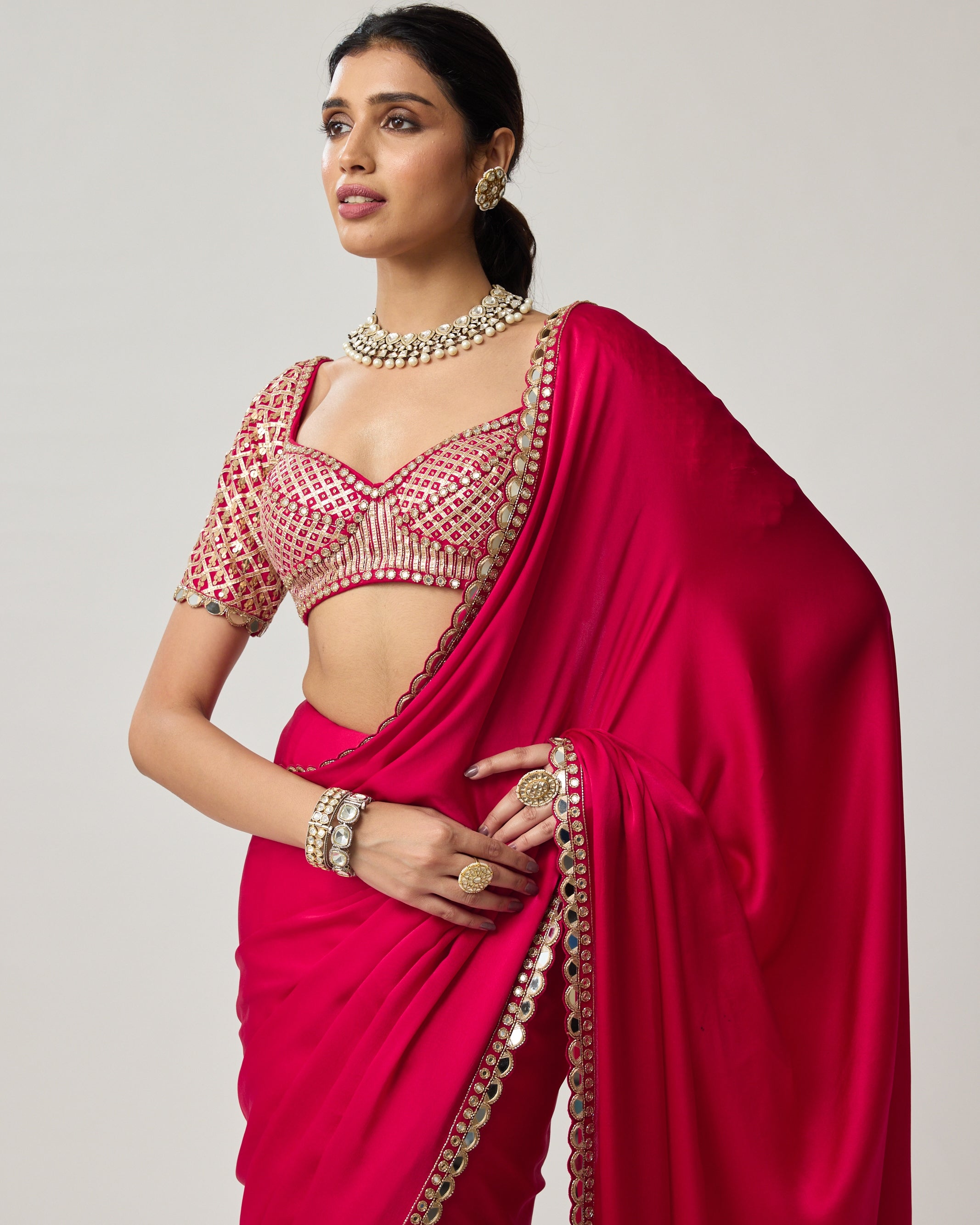 Crimson Red Gota Mirror Satin Sari Set