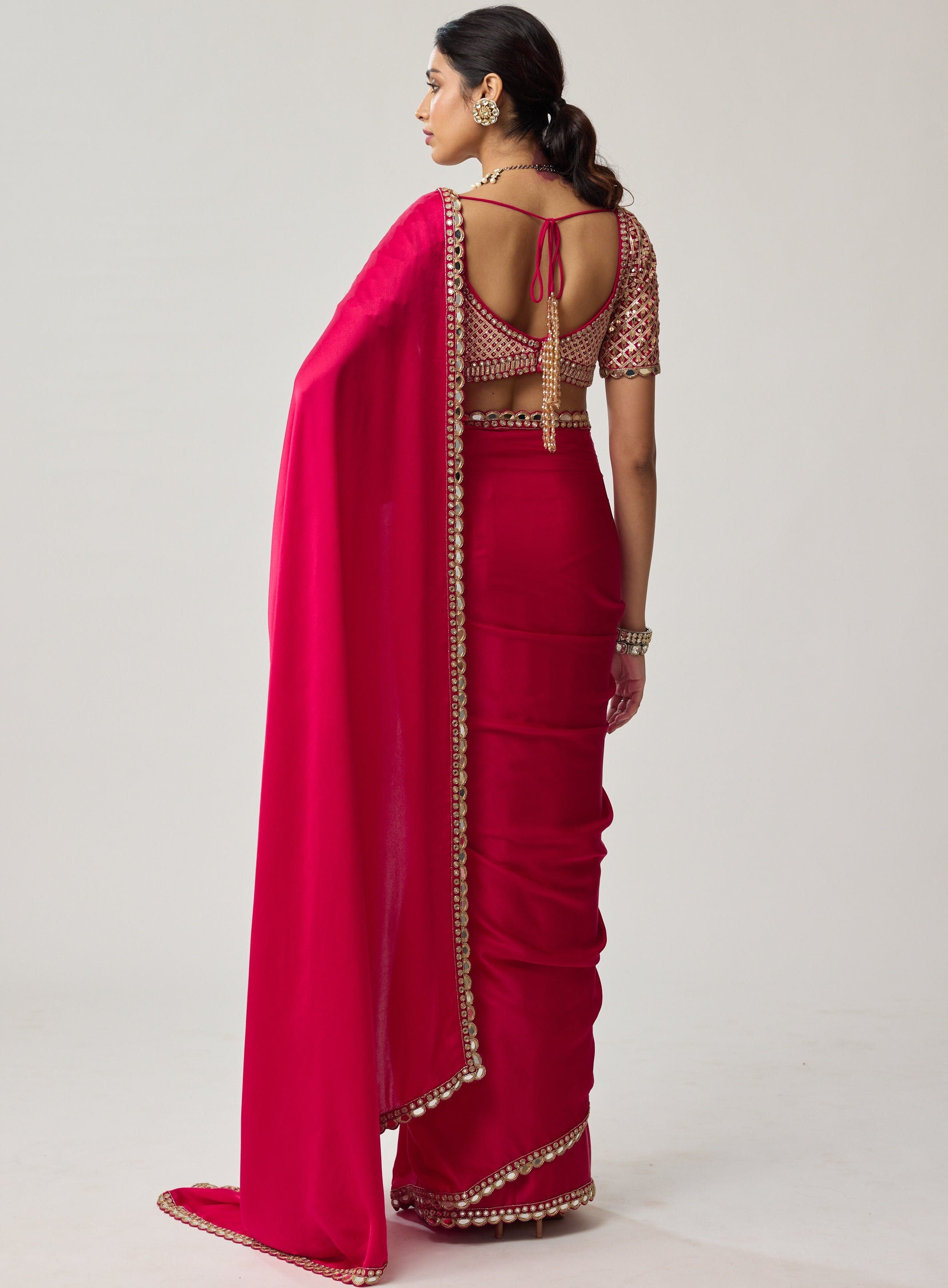 Crimson Red Gota Mirror Satin Sari Set