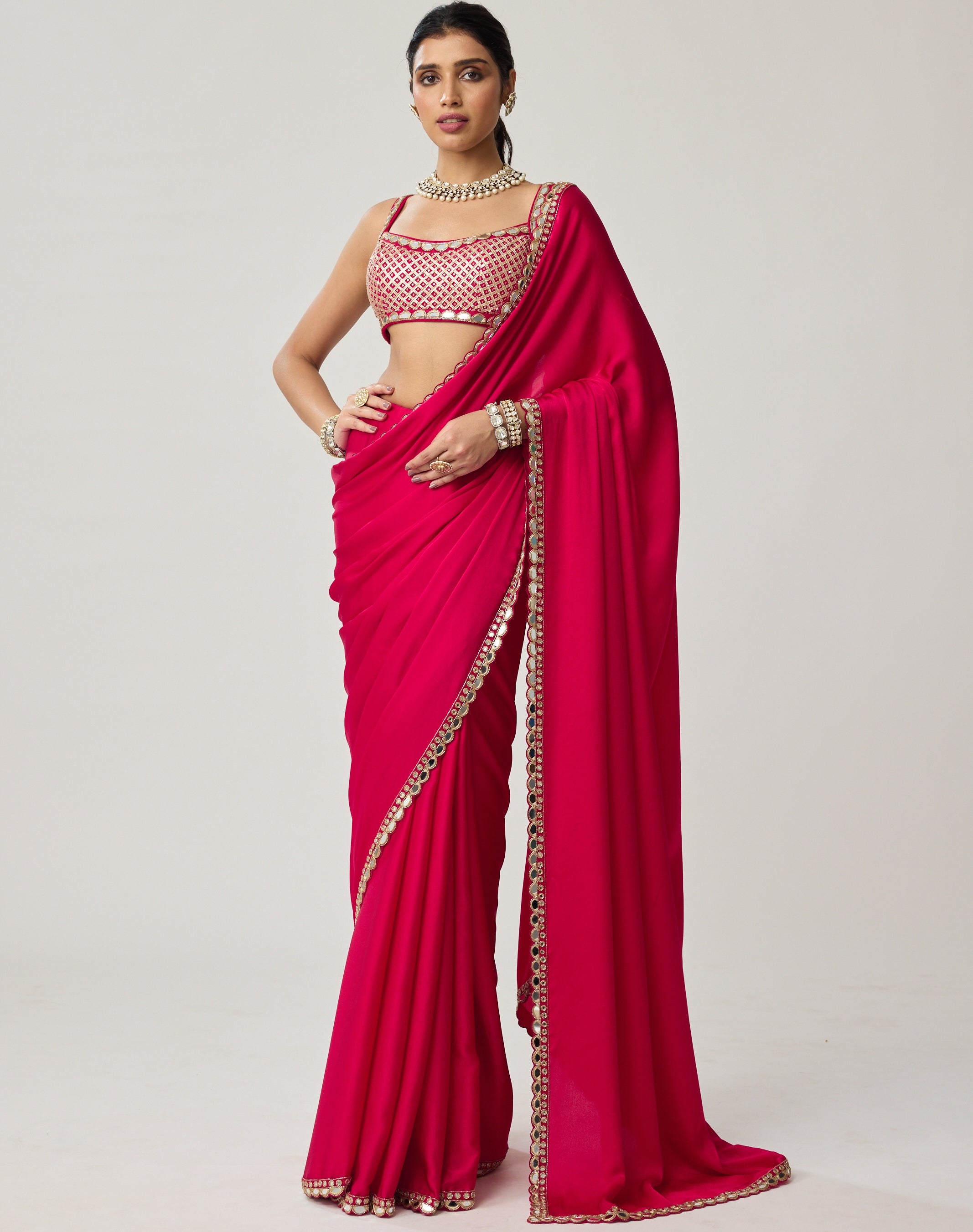 Crimson Red Gota And Mirror Embroidered Sari Set