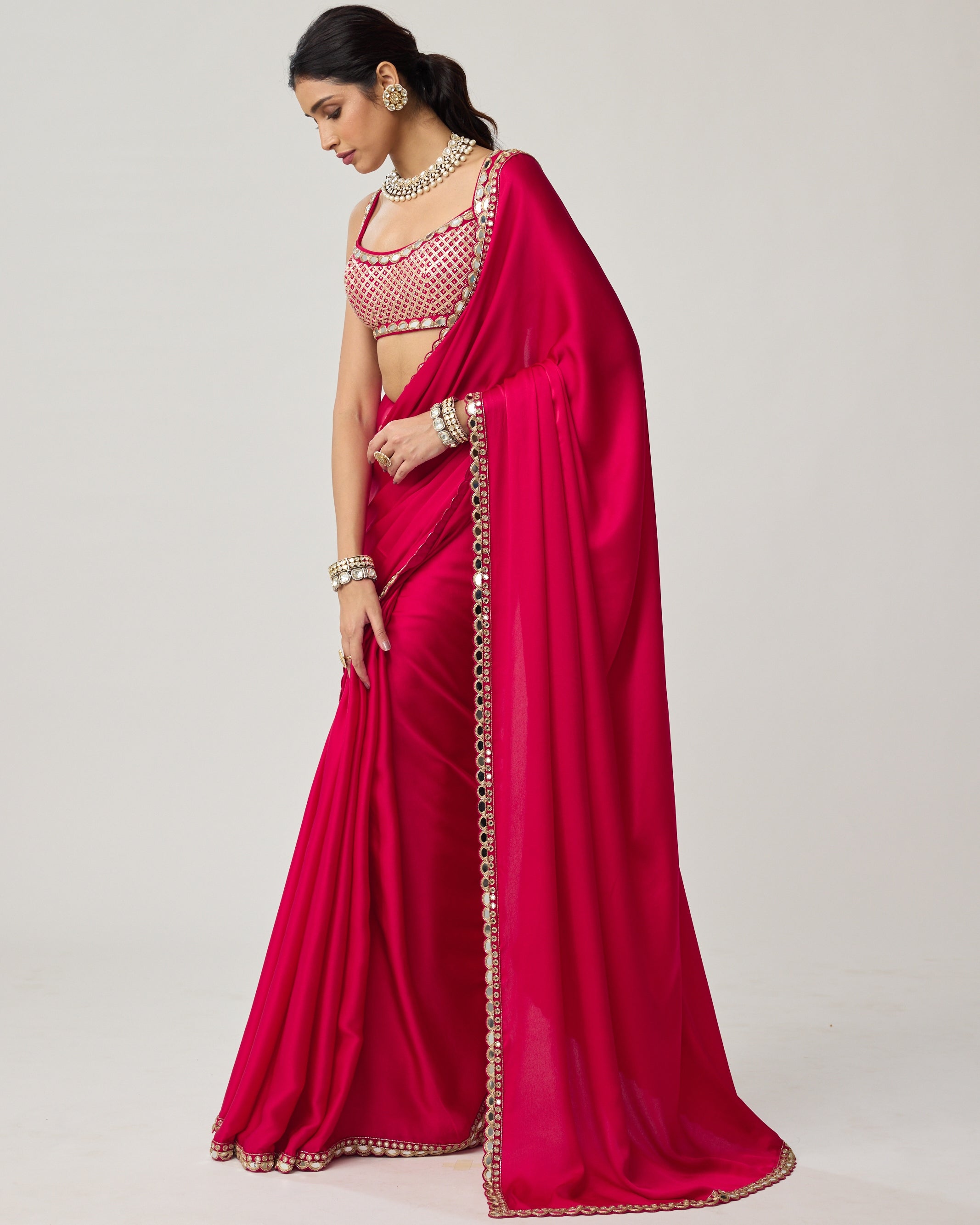 Crimson Red Gota And Mirror Embroidered Sari Set