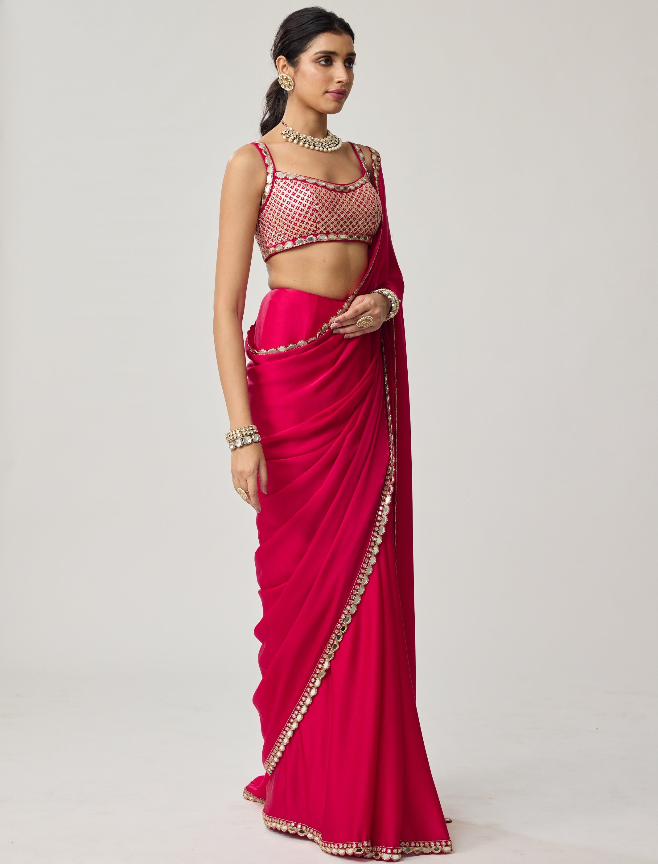 Crimson Red Gota And Mirror Embroidered Sari Set