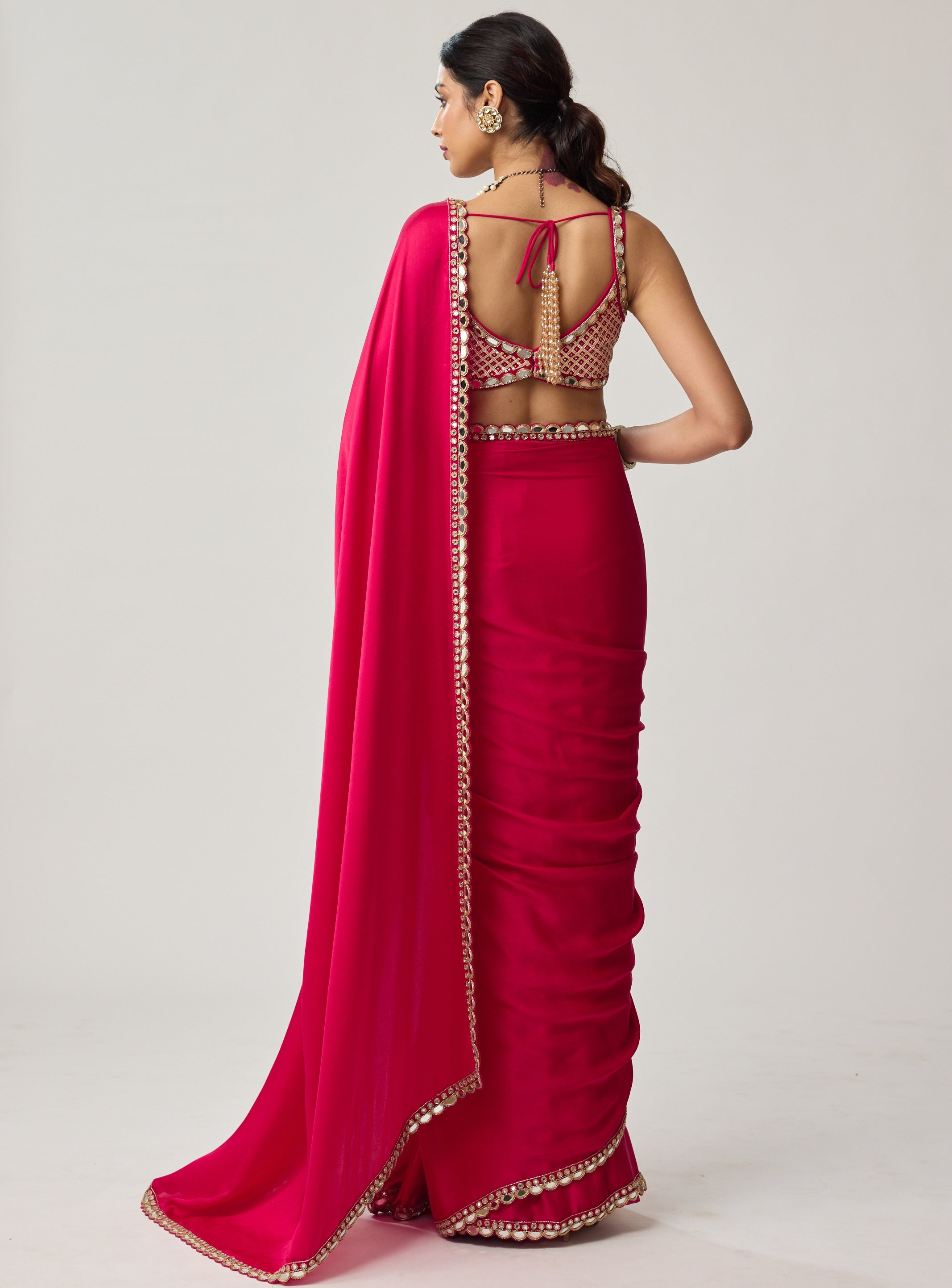 Crimson Red Gota And Mirror Embroidered Sari Set