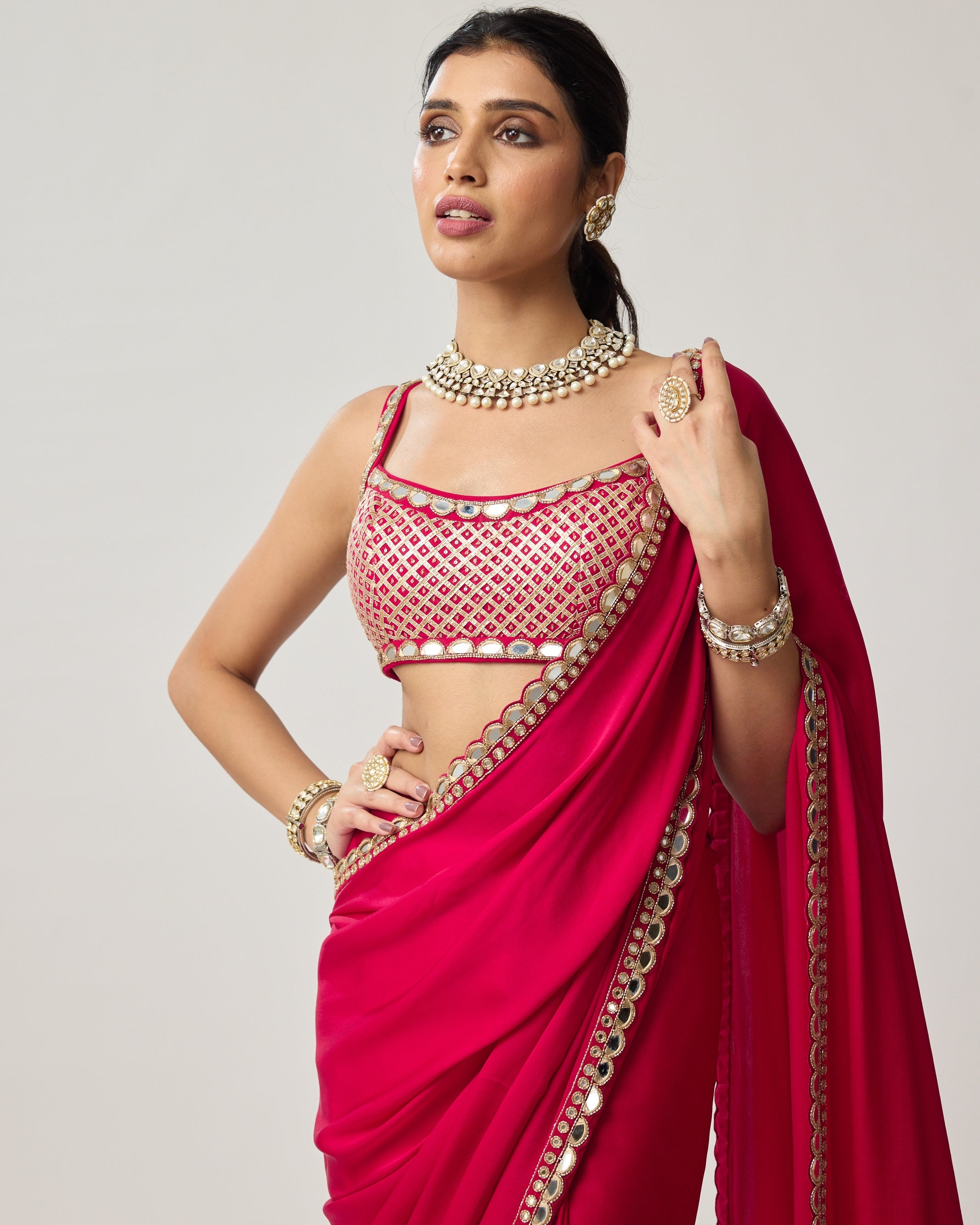 Crimson Red Gota And Mirror Embroidered Sari Set