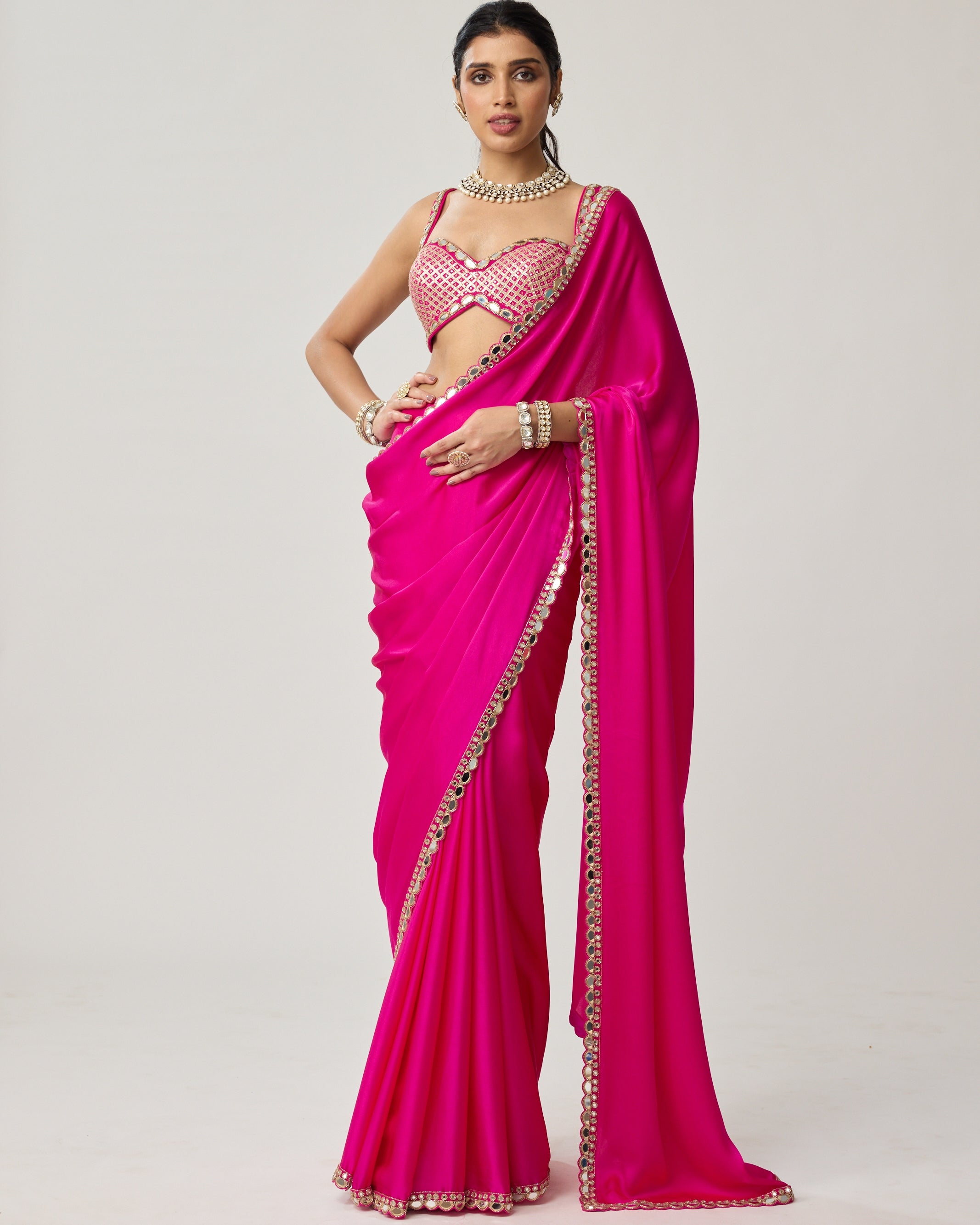 Fuchsia Pink Gota Mirror Sari Set
