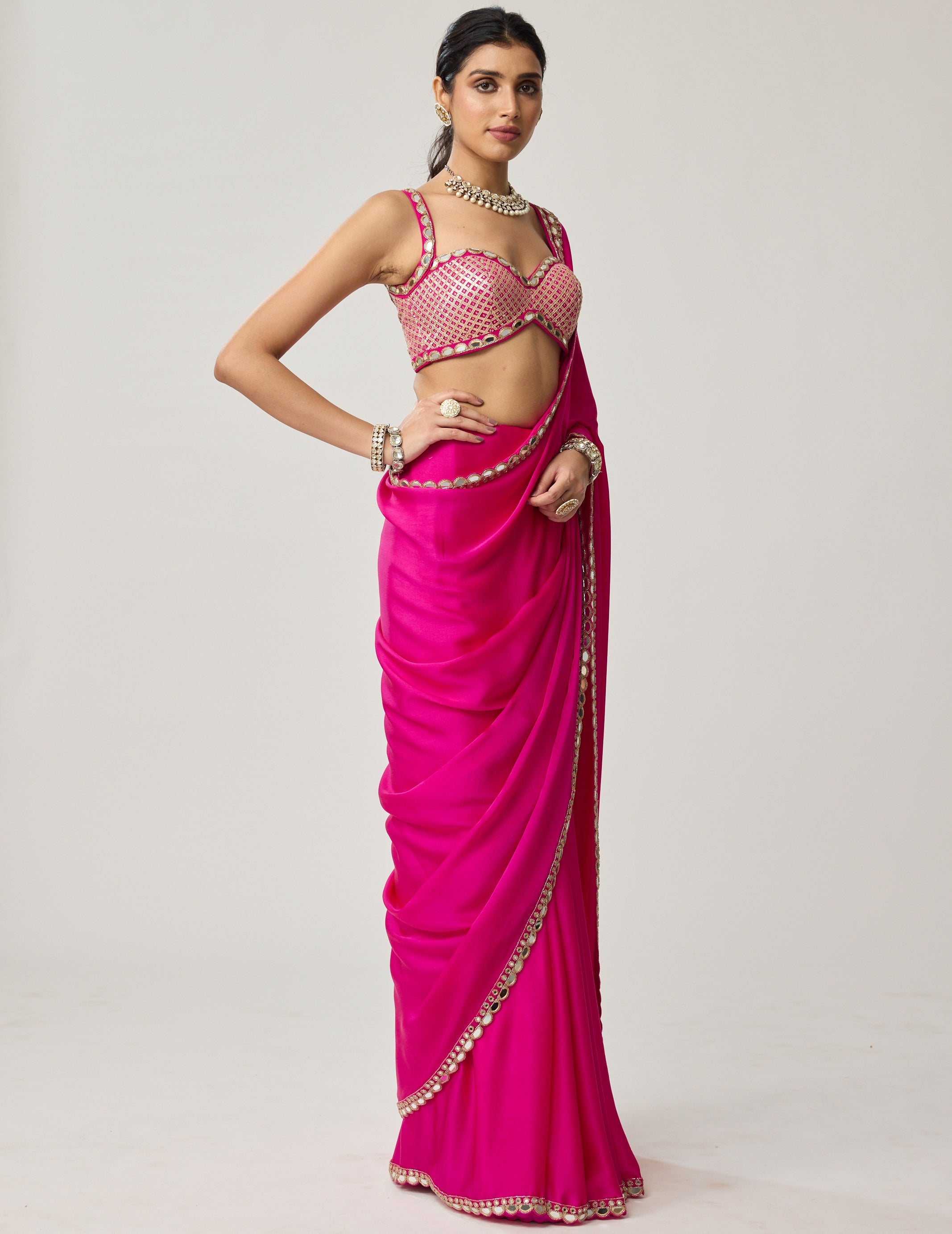 Fuchsia Pink Gota Mirror Sari Set