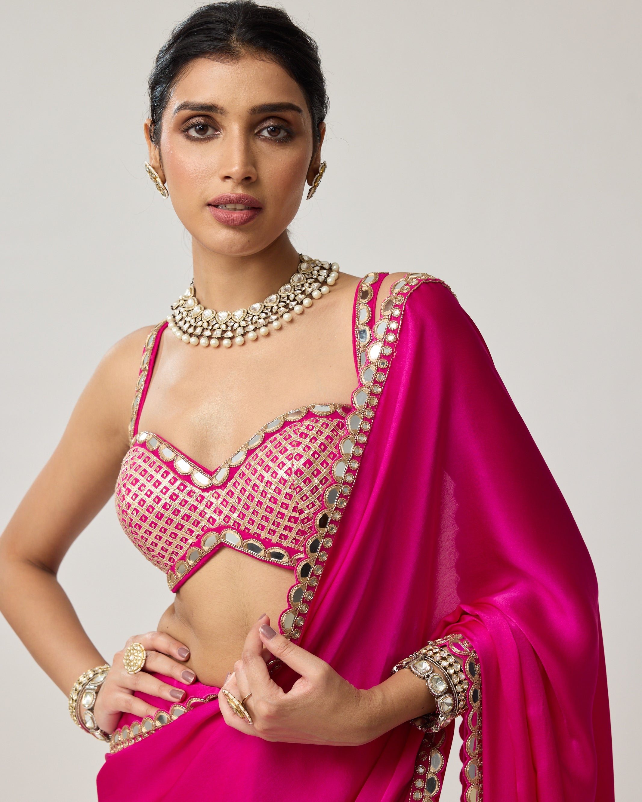 Fuchsia Pink Gota Mirror Sari Set
