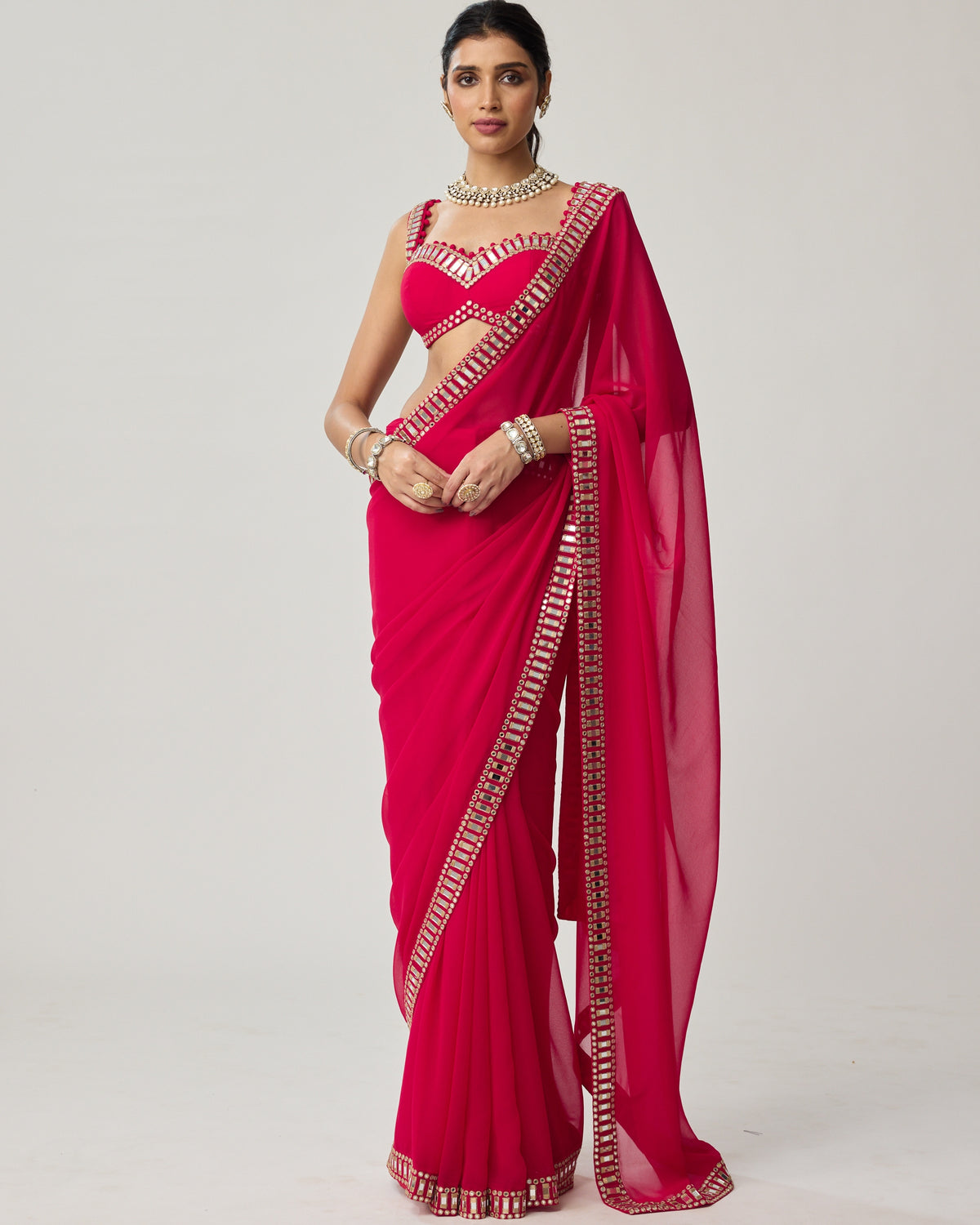 Crimson Red Mirror Embroidered Georgette Sari Set