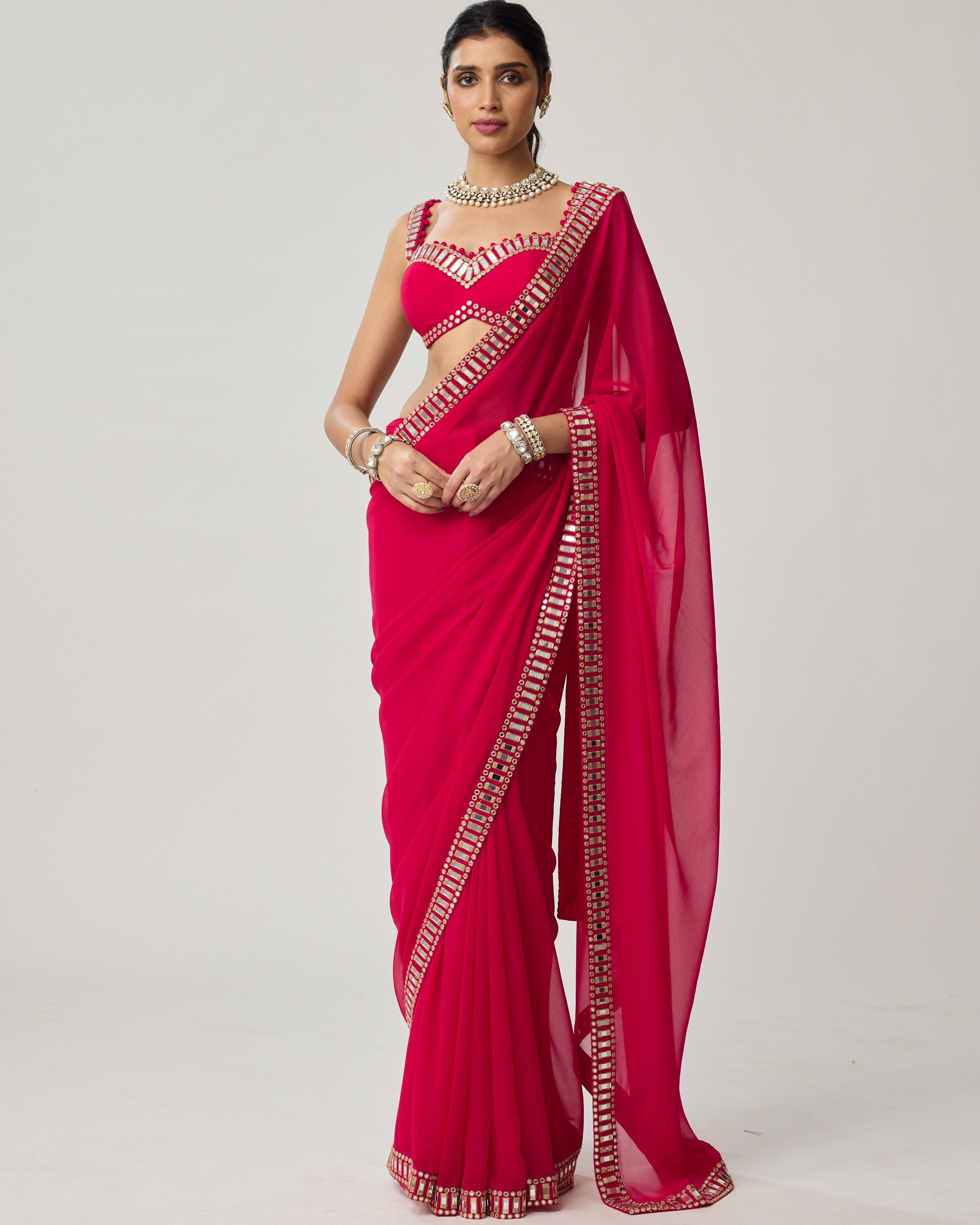 Crimson Red Mirror Embroidered Georgette Sari Set