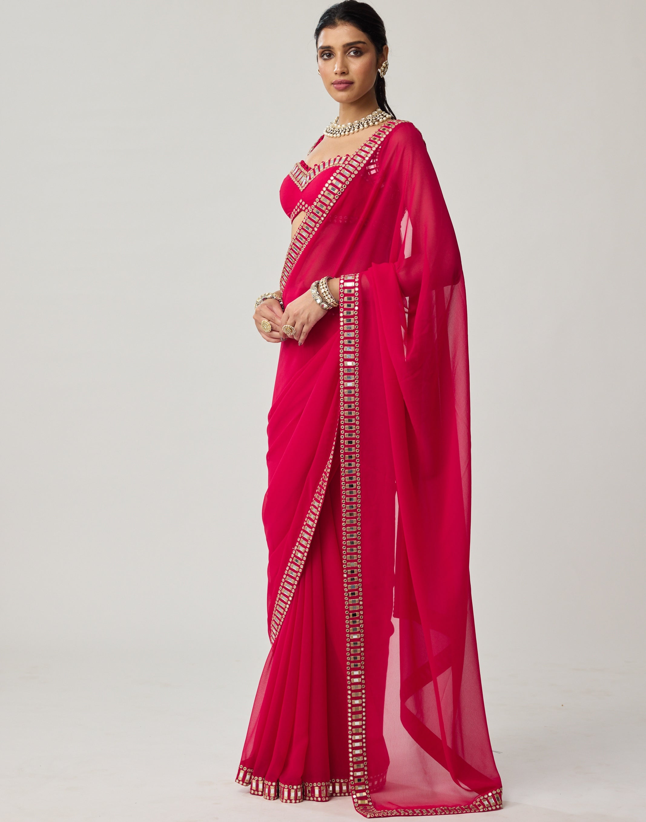 Crimson Red Mirror Embroidered Georgette Sari Set