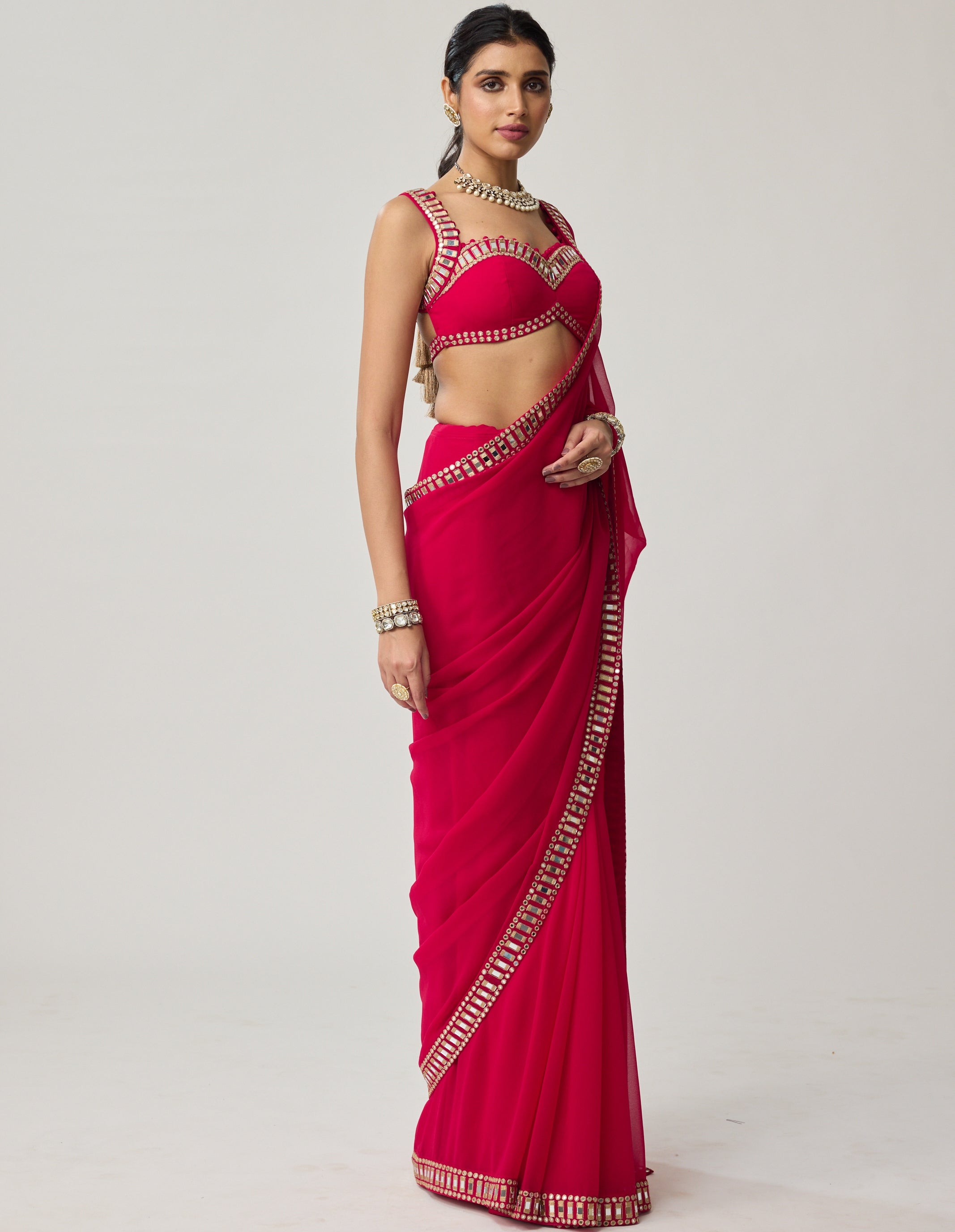 Crimson Red Mirror Embroidered Georgette Sari Set