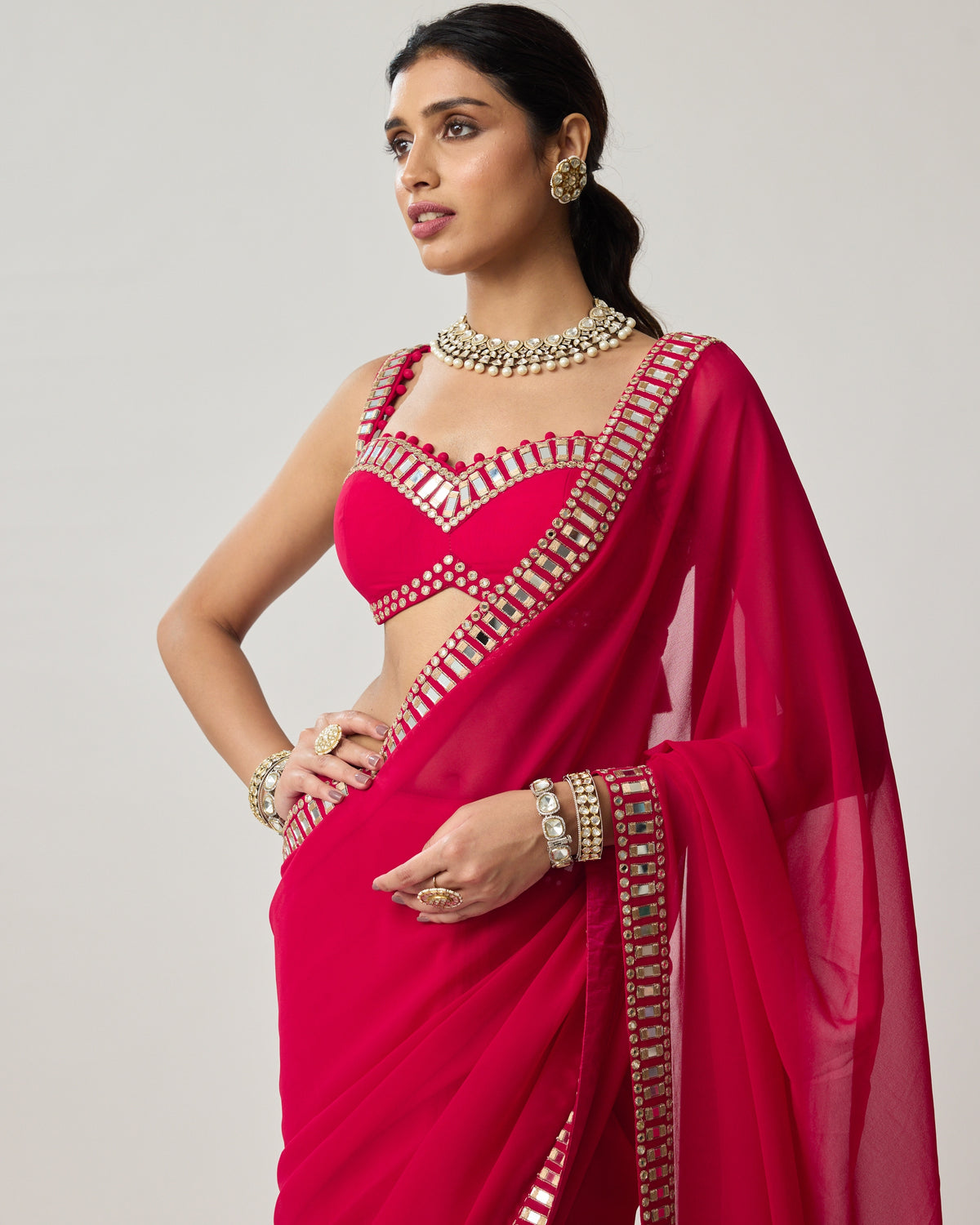 Crimson Red Mirror Embroidered Georgette Sari Set