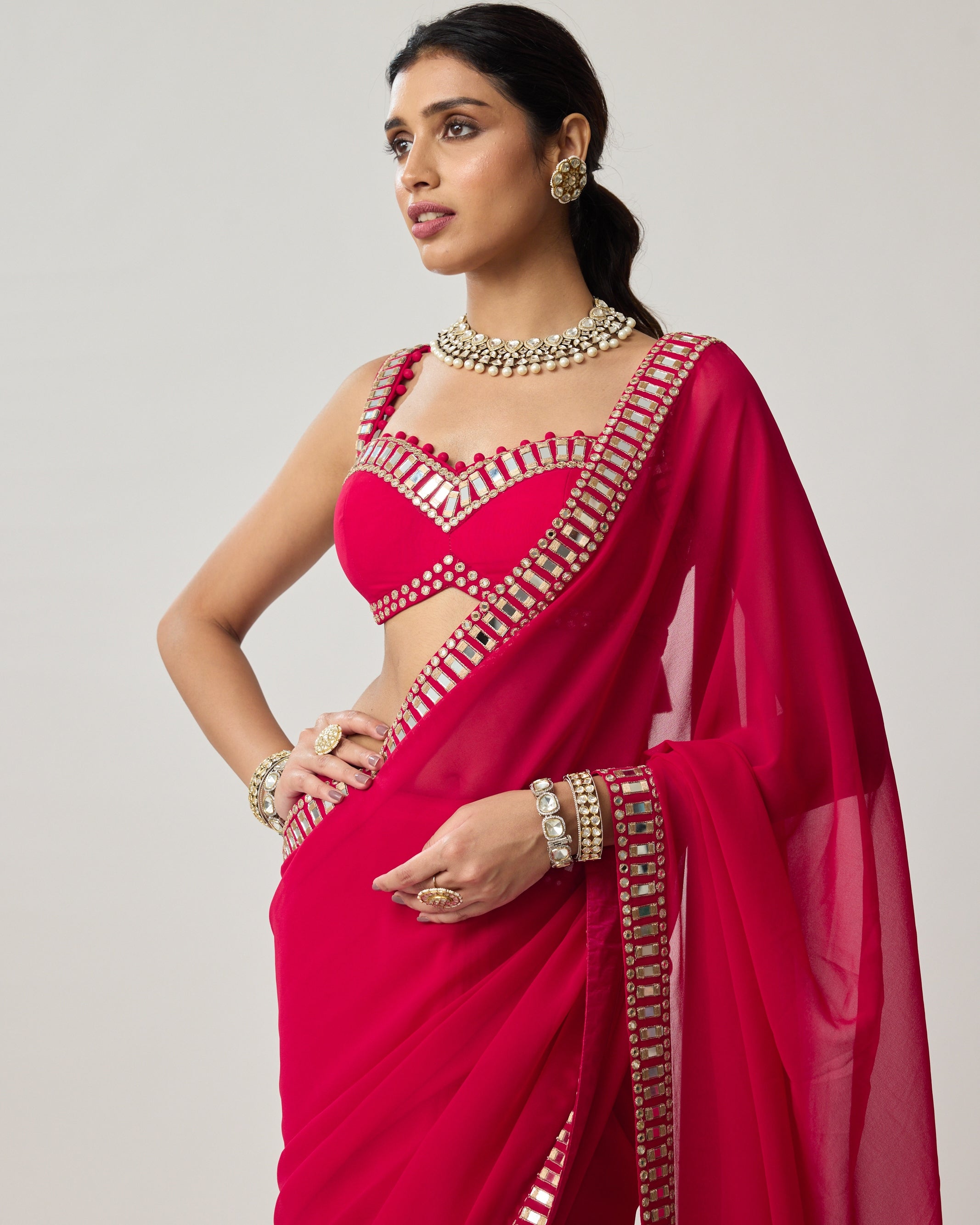 Crimson Red Mirror Embroidered Georgette Sari Set