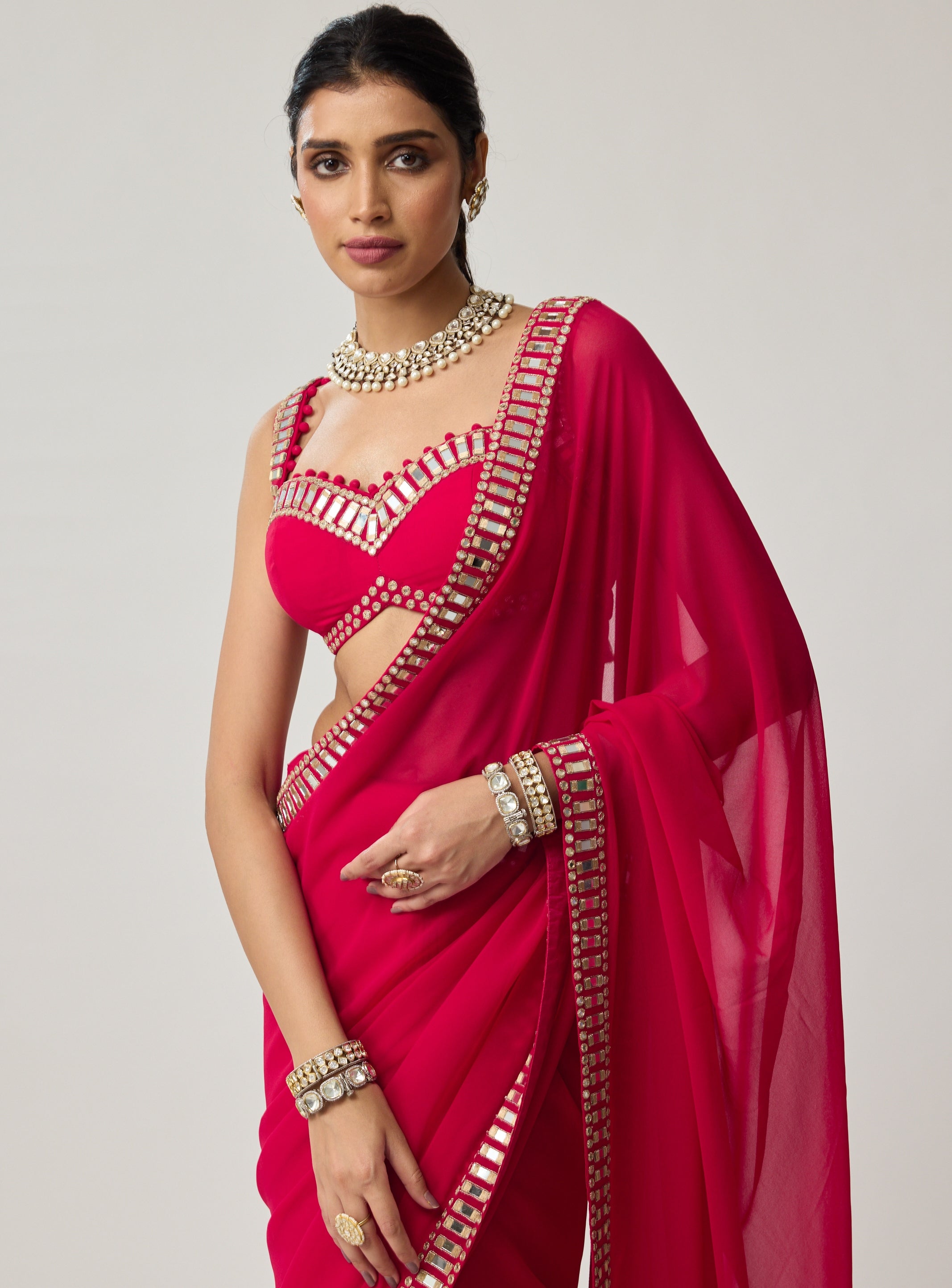 Crimson Red Mirror Embroidered Georgette Sari Set